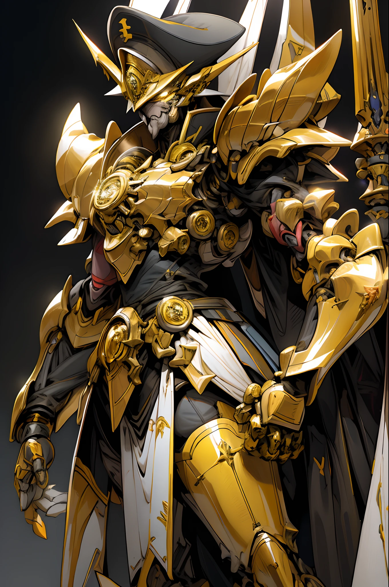 armaduras do e amarelo ,his hands hold a broad spear of heavy armor, oda_smoll,hat,rmilitary uniform Amarelo, uma luz vermelha ardente: 1.2, os olhos emitem luz vermelha deslumbrante: 0.8, desenho bidimensional 3D, The yellow military robe near his shoulders sways in the wind, desenho de anime, Chiaroscuro, efeitos especiais de luz, mecha detalhado e requintado, Military cap on head, fonte de luz nos olhos,  Retrato de frente, Corpo inteiro