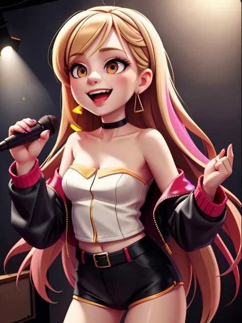 masterpiece,best quality, high resolution, extra detailed, 1girl synthesizervmai, singing ,smile, holding a mic, dynamic angle, ...