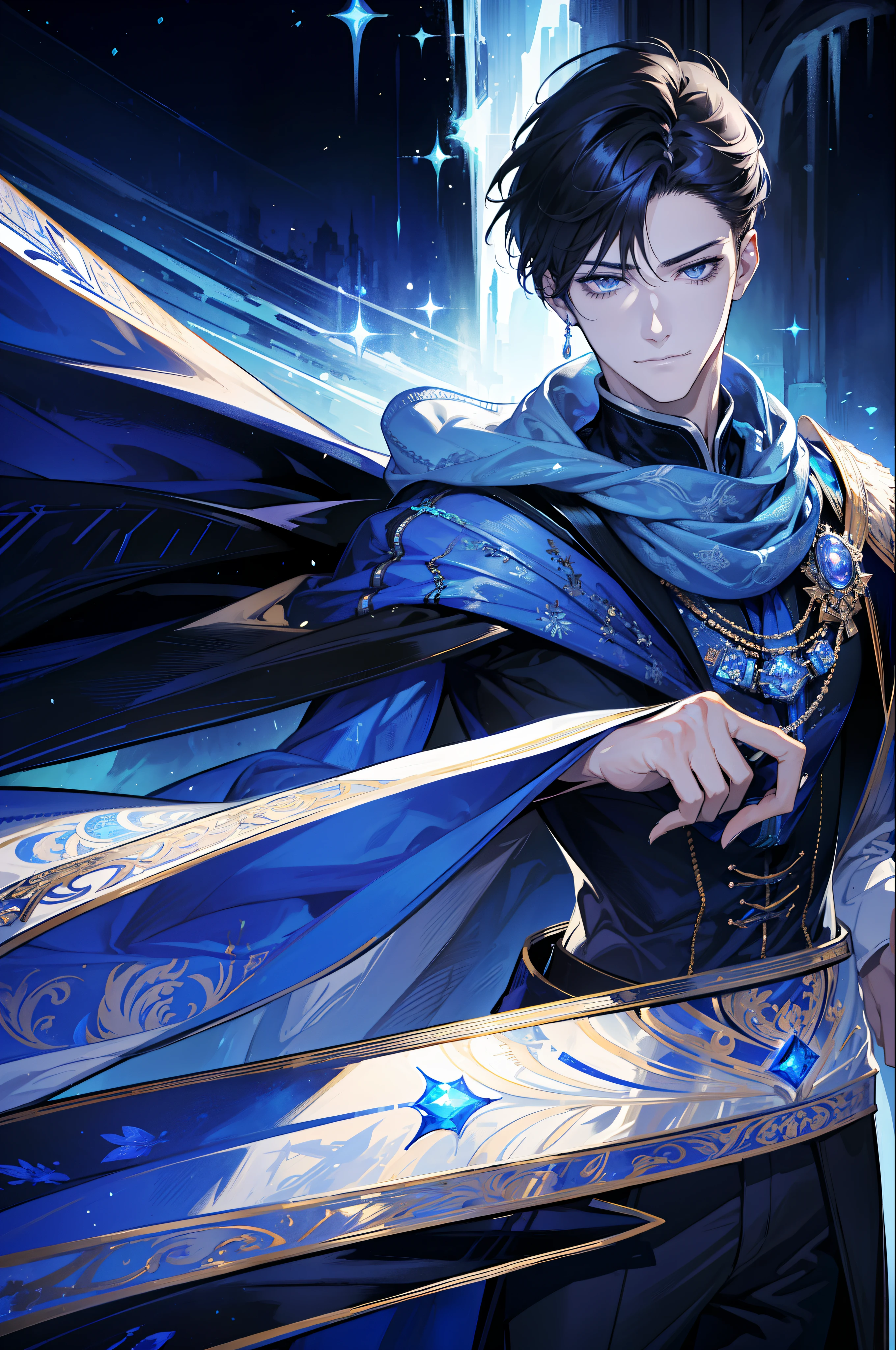 (absurdres, highres, ultra detailed), 1 male, adult, handsome, tall muscular guy, broad shoulders, finely detailed eyes, dark color hair, fantasy, complex pattern, detailed face, throne, magic effect, best ratio four finger and one thumb, ice, bitter cold, cold snap, smile, (dutch angle), closed mouth