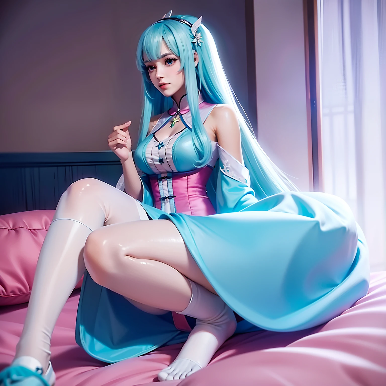 A costume pajamas wore，Peerless looks，Anime goddess，shift dresses，Jade foot，Long pink and blue hair，blue color eyes，period costume，onbed