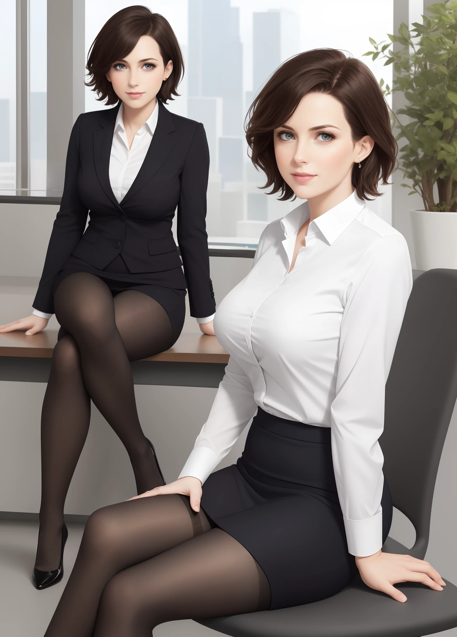 best qualtiy, Full body like，Refined face，pretty  face，short detailed hair，30-year-old woman，slimfigure，Larger bust，office lady uniform，Office wear，black lence stockings，Outdoor Scene，Sit Pose