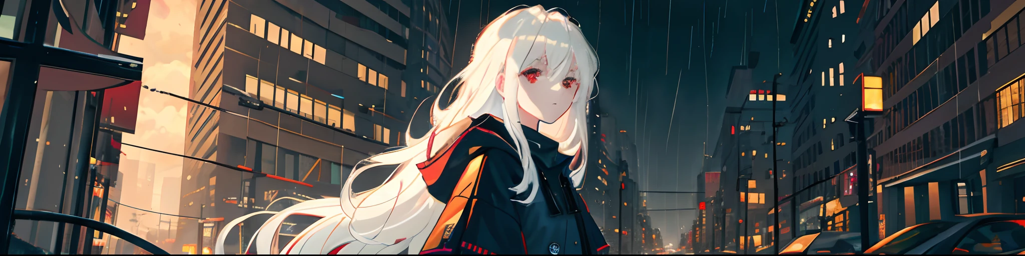 masterpiece, best quality, extremely detailed, cinematic lightning, intricate detail, highres, official art, finely detailed beautiful face and eyes, high resolution illustration, 8k, depth of field, bokeh, solo, 1girl, a girl with white hair and red eyes, long white hair, beautiful red eyes, beautiful landscape, rainy city, upper body, looking at viewer, close up