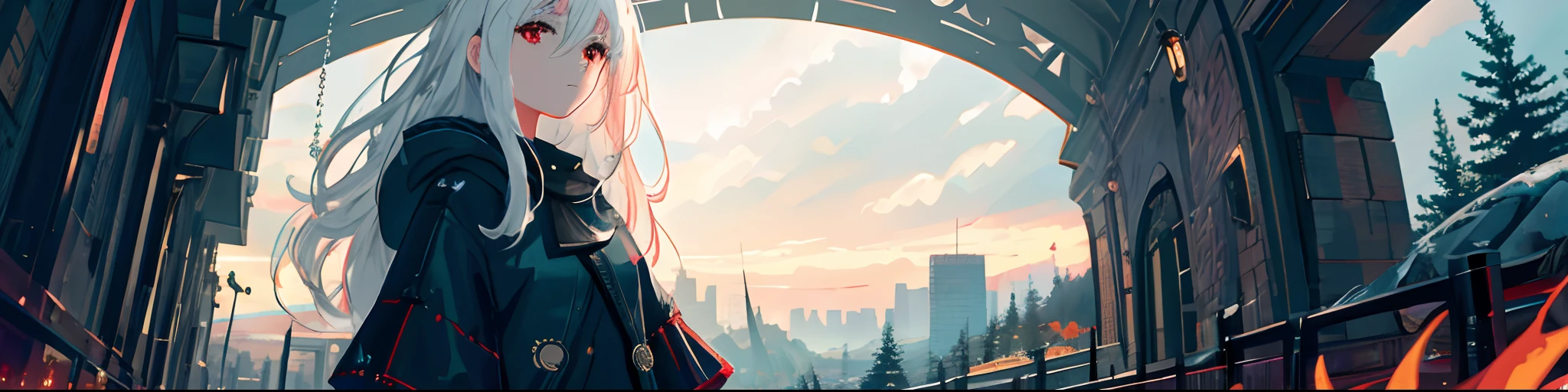 masterpiece, best quality, extremely detailed, cinematic lightning, intricate detail, highres, official art, finely detailed beautiful face and eyes, high resolution illustration, 8k, depth of field, bokeh, solo, 1girl, a girl with white hair and red eyes, long white hair, beautiful red eyes, beautiful landscape, rainy city, upper body, looking at viewer, close up