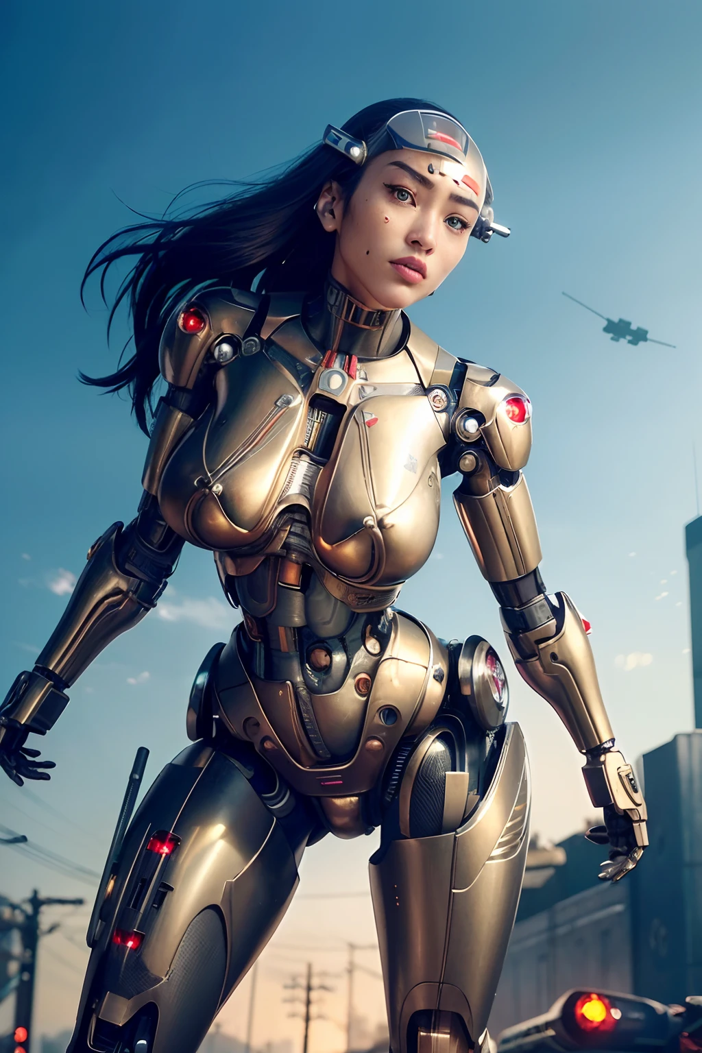 1girl, solo, Japanese girl, (((cyborg:1.4))), cyborg girl, cyborg armor, cyborg clothing, beautiful detailed eyes, finely detail, bright pupils, turquoise eyes, full body, large breasts:0.8, (((floating hair))), looking at viewer, pov, female focus, puffy eyes, long hair, gorgeous hair, air bangs, dynamic pose, dynamic angle, close-up, thighs open, showing panties,  exposed, fighting stance, fighting pose, run forward, running,(((golden metallic color | red metallic color | blue metallic color))),(((Metallic luster, metal reflective, mechanical details, extremely mechanical details, complex mechanical structure))), (((Mirrored Power Armor, fallout 4, fallout))), 

defeated, corpse, bleed, battlefield, mechanized background, giant robot in the background, outdoors, cinematic lighting, Cyberpunk world. Cyberpunk metropolis, neon, Sci-fi style, sfw:1.98,
