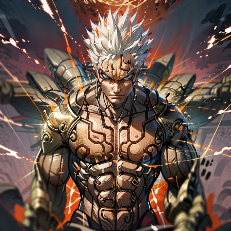 Anime boy,asuras,White hair,short spiky woman's hair,wearing white outfit,makrings all over the body,red aura, Surrounded by lightning, destroyed ground,red outlines on the body, Perfect hands,Close-up Shot Shot, Muscular body, Serious face,mantra,highest ...