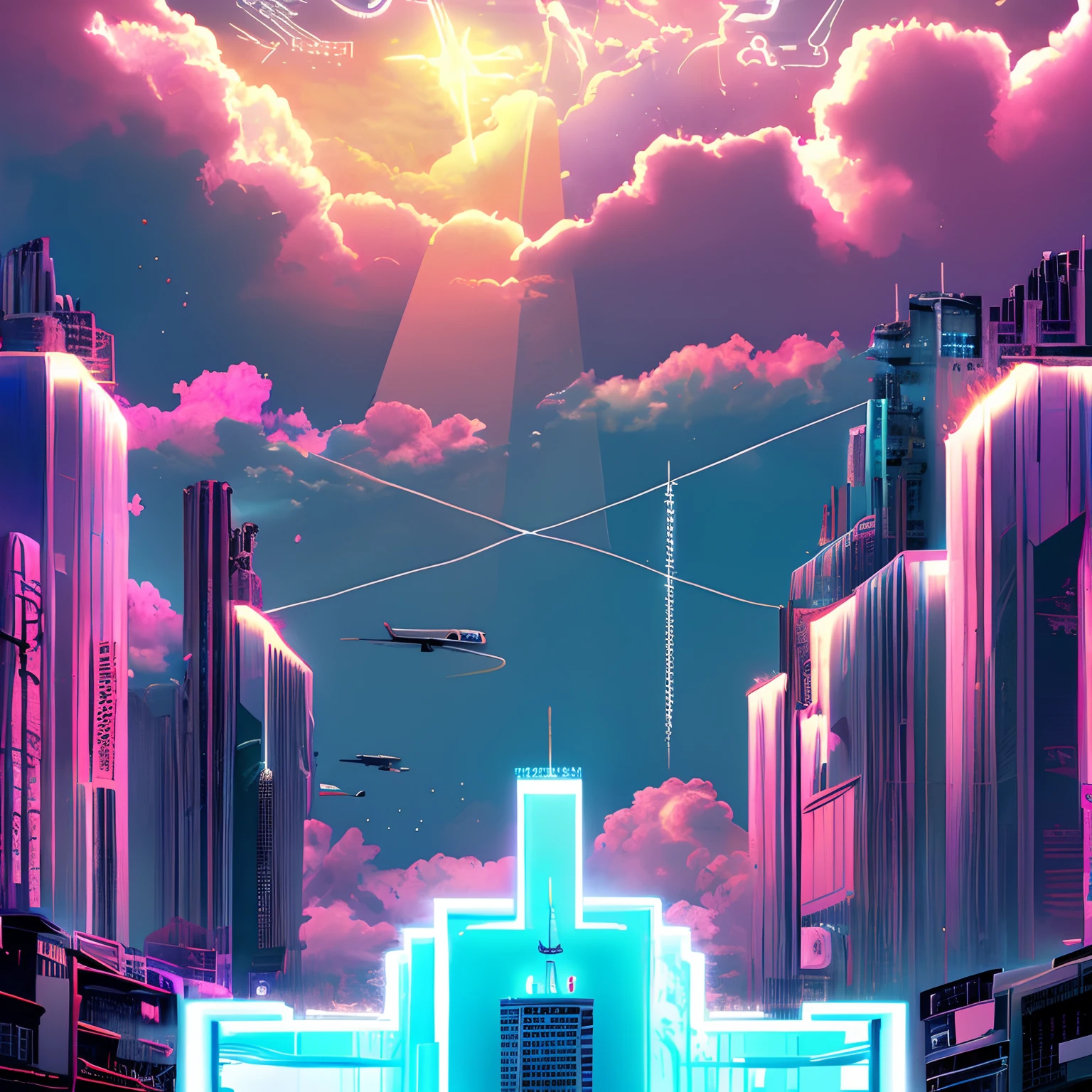 Heaven if it were cyberpunk, volumetric, neon, clouds, bright lights, angelic, beautiful scenery