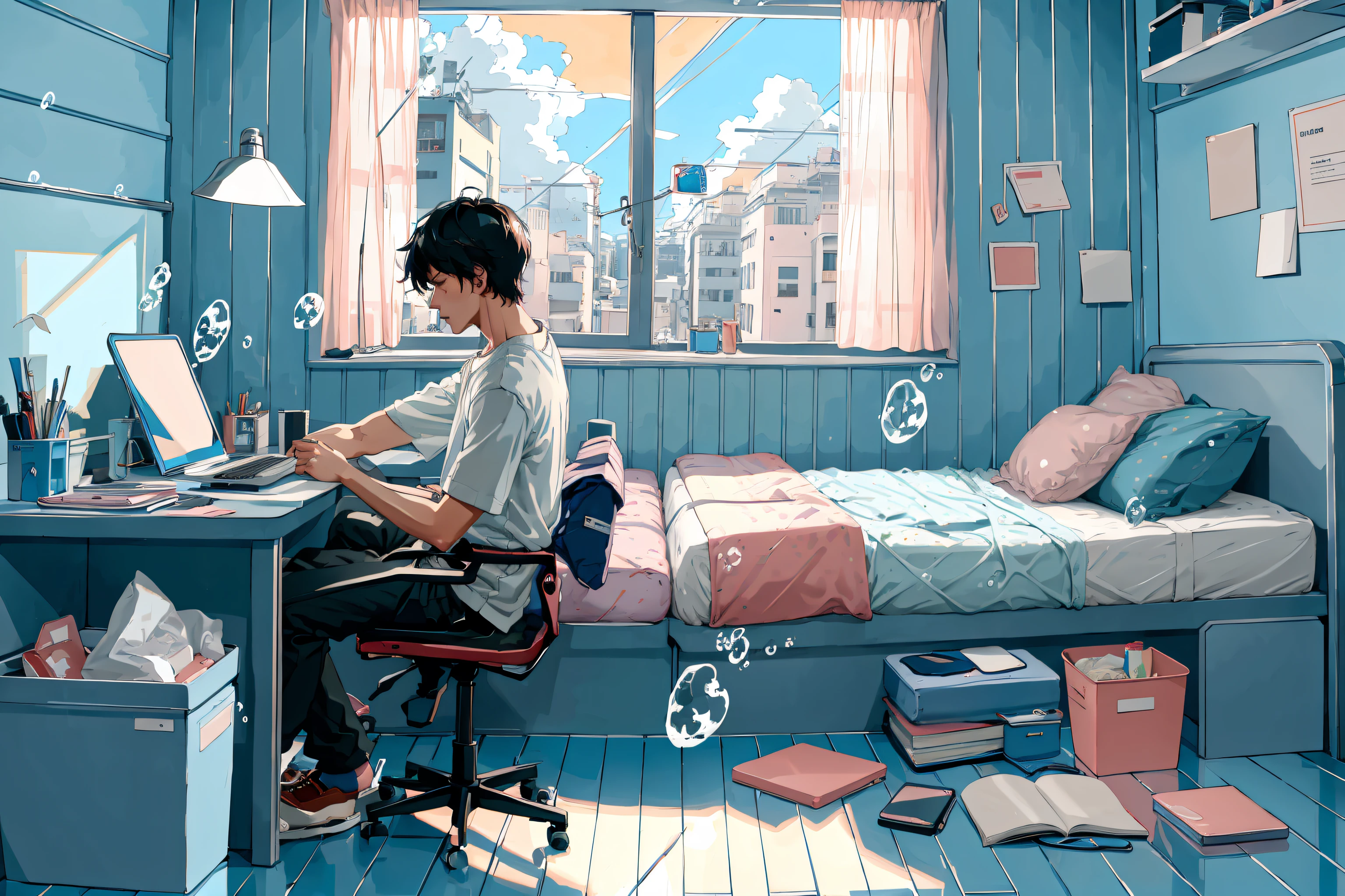 Anime girl sitting at desk in blue room with lots of books - SeaArt AI