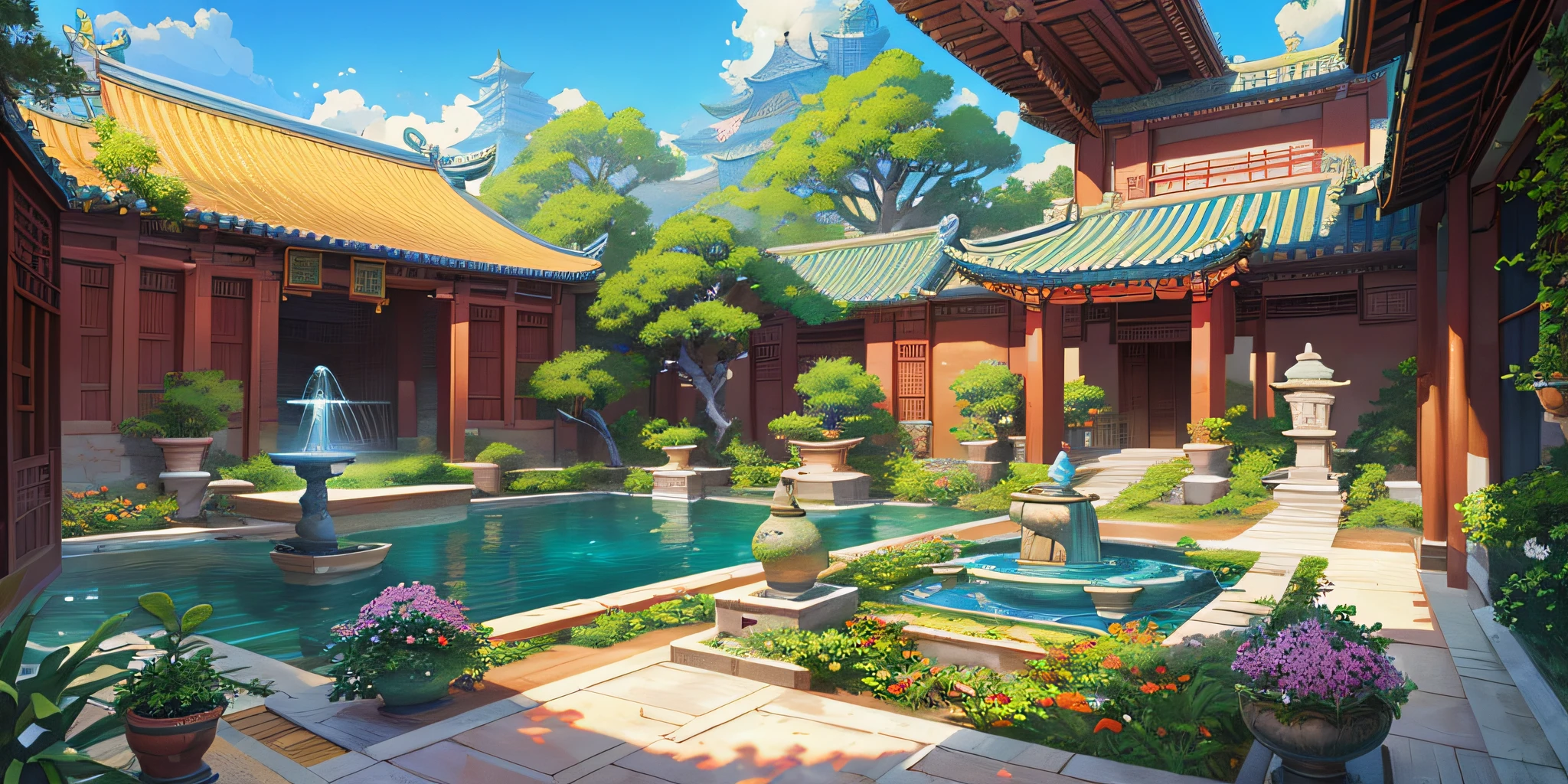 There is a courtyard with fountains and potted plants, arte de fundo, Anime background art, 8k，High quality detailed art, a wide open courtyard in an epic, ross tran. scenery background, highly detailed digital painting, digital painting highly detailed, Zen temple background, highly detailed scenario, Chinese palaces, Beautiful rendering of the Tang Dynasty, A beautiful artwork illustration