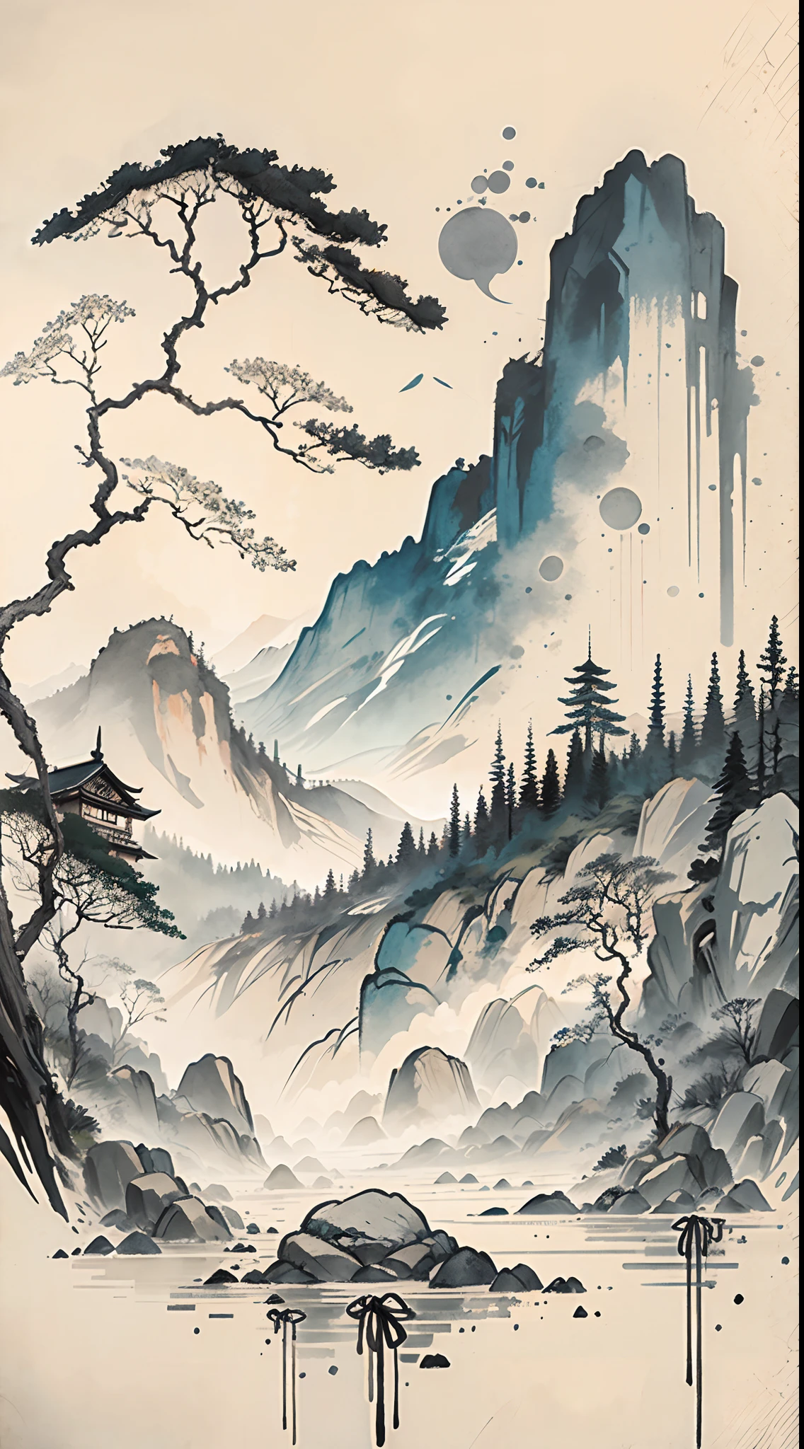 (Obra de arte, melhor qualidade: 1.2), (No_humanos), montanhas ao longe, pintura a tinta tradicional chinesa, casas, lápides, prados