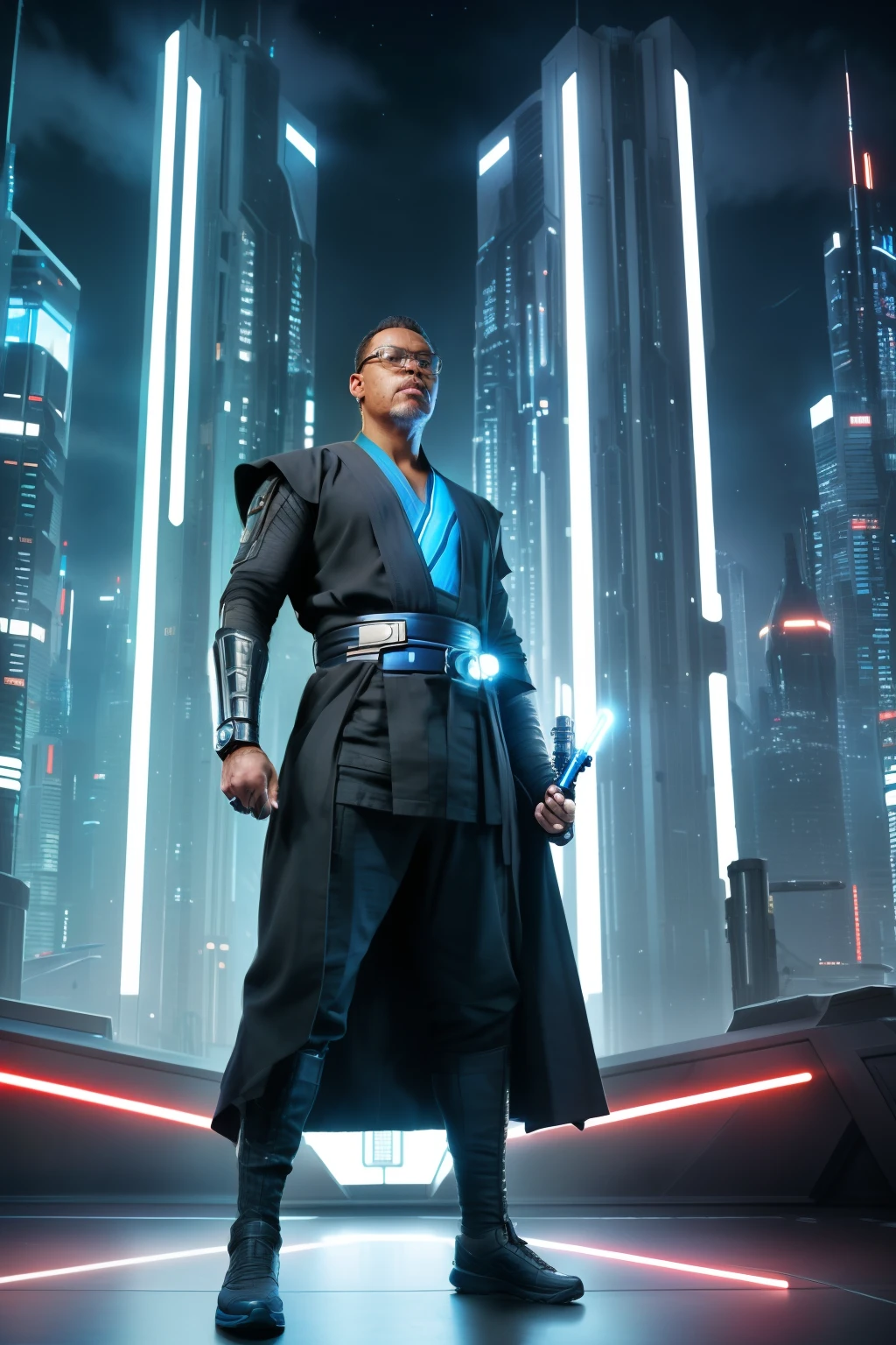 guttonetdvision10, A full-body portrait emerges, portraying a man donned in the revered attire of a Jedi character from the Star Wars films. His presence exudes strength as he wields a vibrant blue lightsaber in his hands. The background is a sprawling cyberpunk cityscape, a fusion of futuristic technology and urban aesthetics.

Every aspect of this depiction has been meticulously crafted, with the skin given intricate attention, elevating its texture to a scaling factor of 1.2. The entire scene embodies hiper-realism, with the subjects and environment so vividly rendered that they almost step out of the frame. Depth of field adds cinematic depth, ensuring that the Jedi and the cityscape are seamlessly interconnected yet distinct.

This captivating scene comes to life in Ultra High Definition (UHD) and 8K resolution, allowing the viewer to experience the rich details and immersive atmosphere. The synthesis of the Jedi's iconic presence with the cyberpunk city's futurism culminates in a masterpiece that captures the imagination.