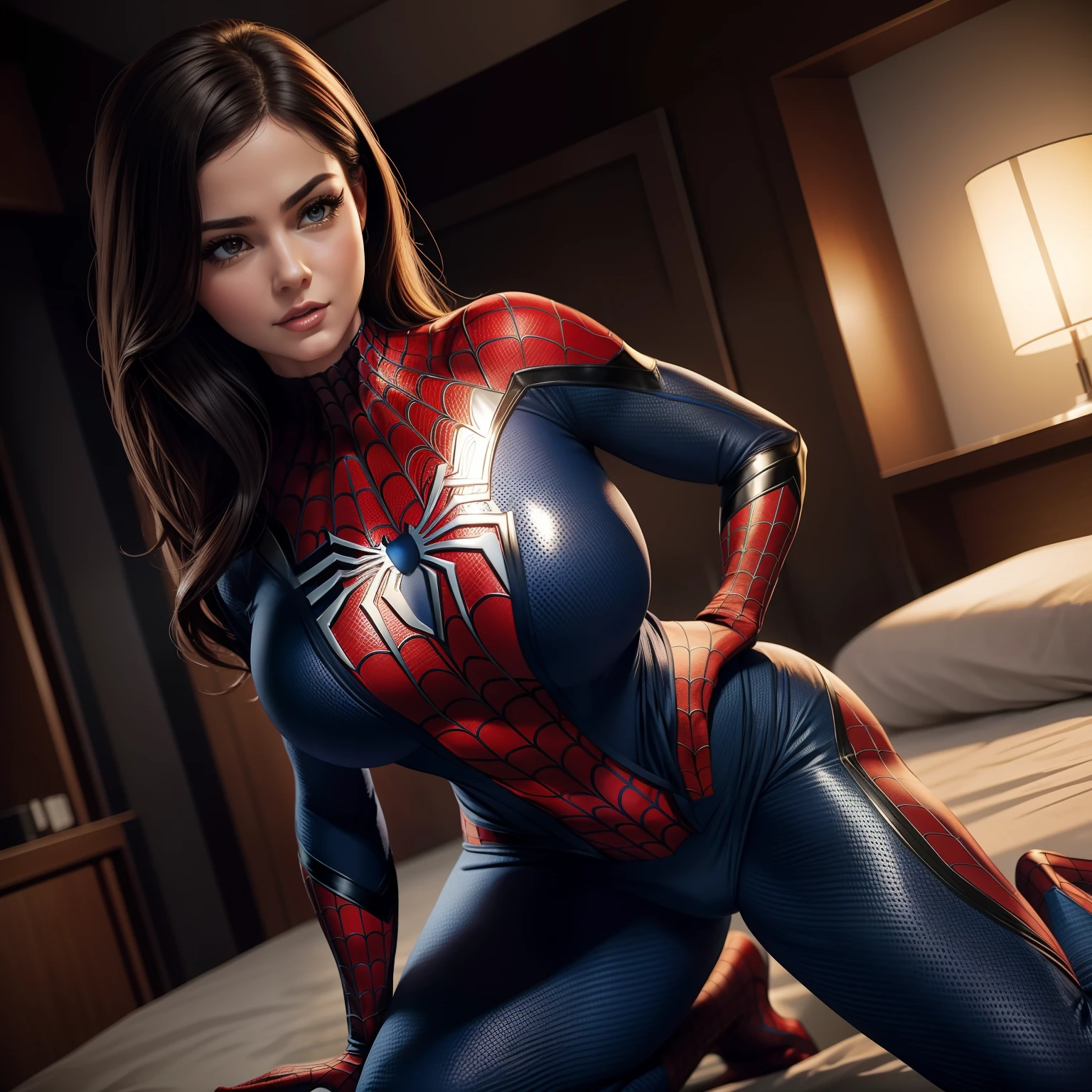 A close up of a woman in a spider - man suit on a bed - SeaArt AI