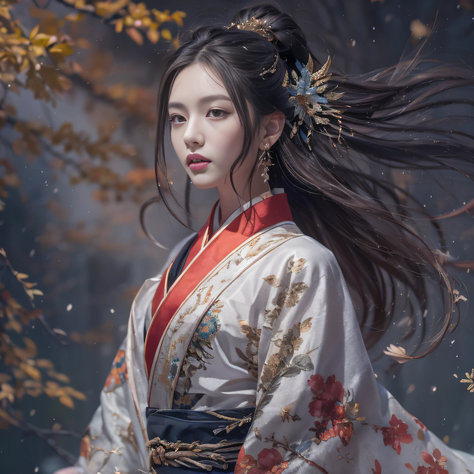 32K（tmasterpiece，k hd，hyper HD，16k）Flowing short hair，Backroom pond，zydink， a color，  Asian people （Female Student）， （Silk scarf）， Combat posture， looking at viewert， long whitr hair， Floating hair， Hanfu， Chinese clothes， longer sleeves， （abstract ink splash：1.2）， white backgrounid，Kirin Beast Protector （realisticlying：1.4），，Snowflakes fluttering，The background is pure， A high resolution， the detail， RAW photogr， Sharp Re， Nikon D850 Film Stock Photo by Jefferies Lee 4 Kodak Portra 400 Camera F1.6 shots, Rich colors, ultra-realistic vivid textures, Dramatic lighting, Unreal Engine Art Station Trend, cinestir 800，