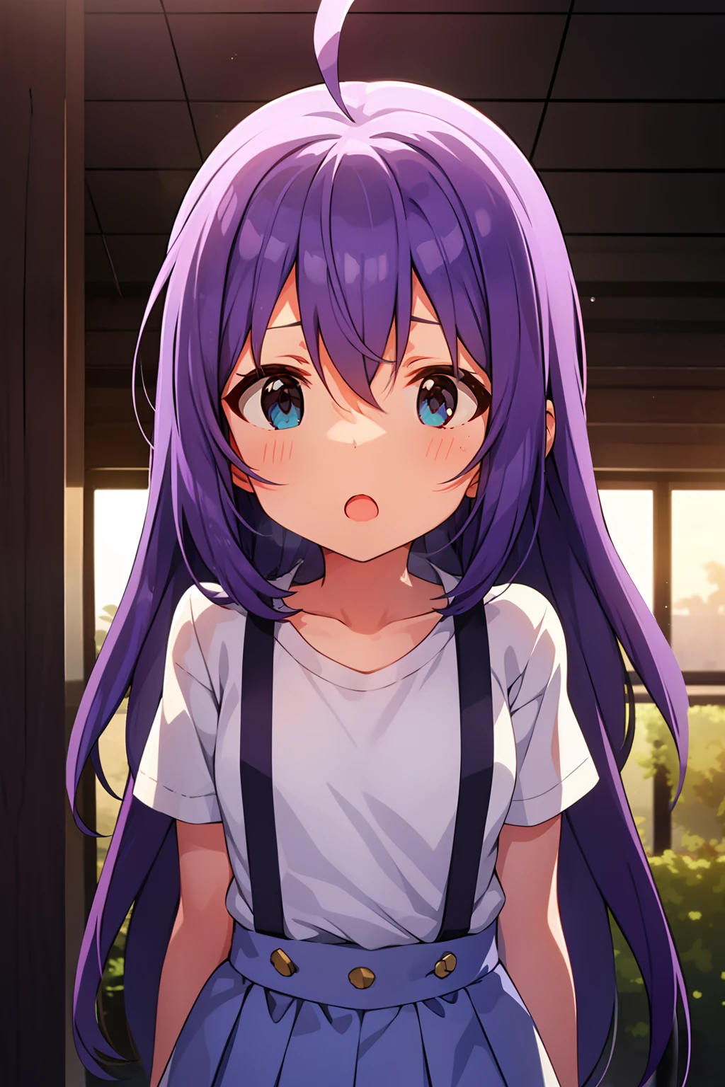 mochizuki anna,1girl in,Solo,Long hair,Purple hair,Medium chest.Ahoge,Blue eyes.Short stature.white t-shirts.suspenders.Skirt.Evening glow.the setting sun.Despair face.Sweat.Opening Mouth.up chest.Fighting stance.