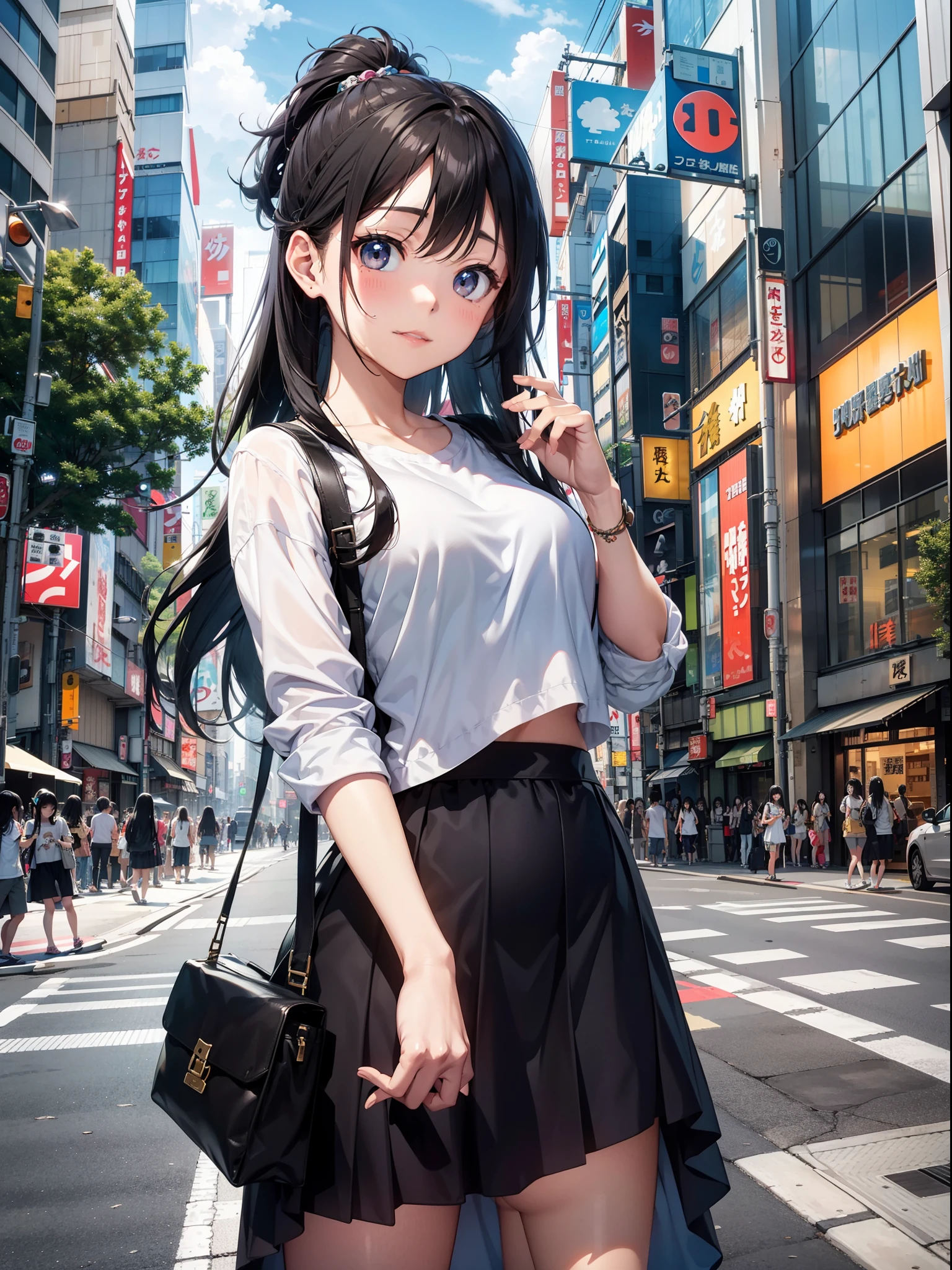 Top image quality　Original Characters、Urban girl、summer clothing、Drive through the city、Long Black Hair、Shibuya, tokyo prefecture、Complex terrain、Complex entrance clouds