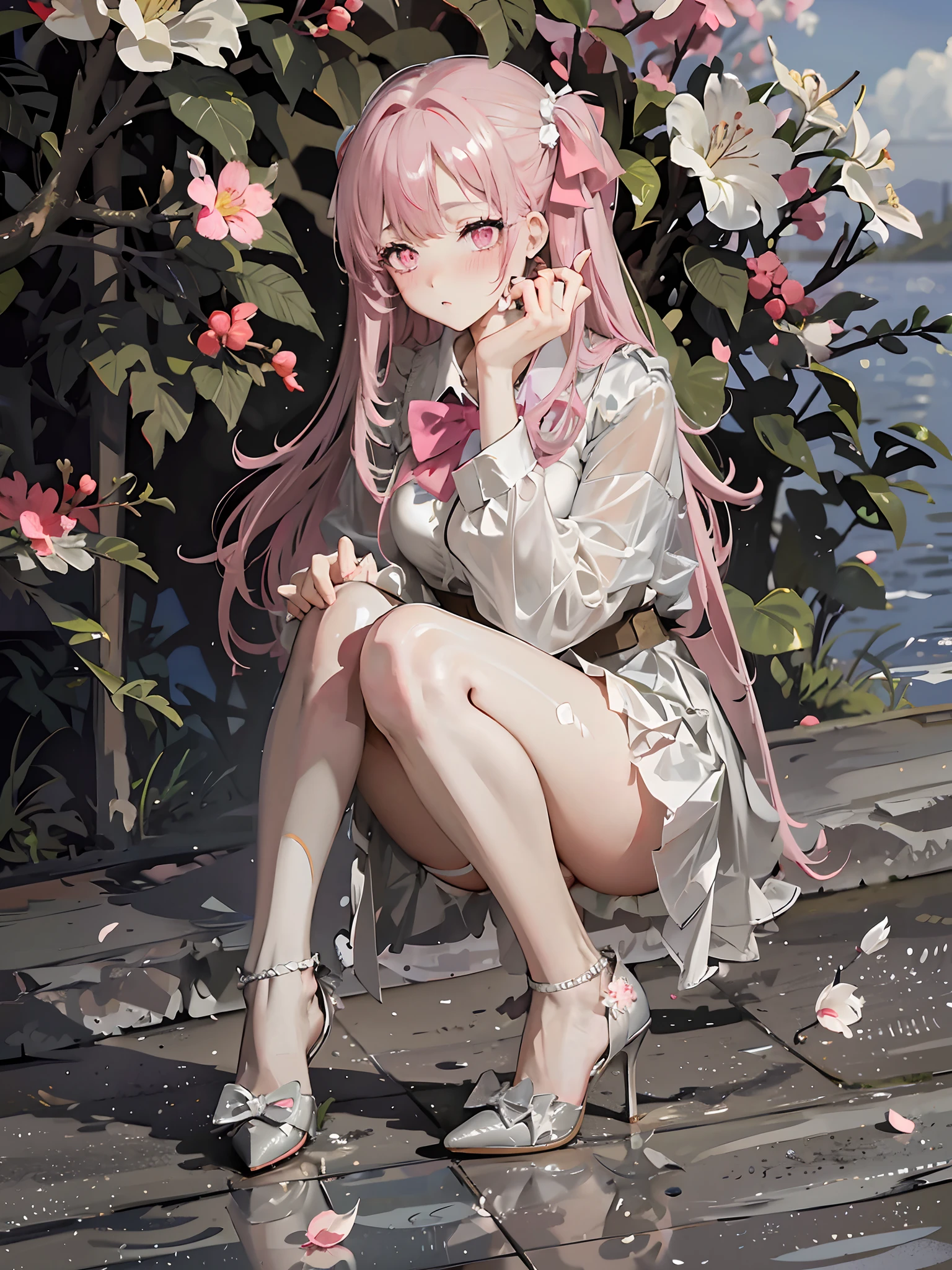 （tmasterpiece），（best qualtiy），Pink eyes，（A pink-haired，Long hair，white hair ribbon，White flower decoration），（lacepantyhose，White panty hose，stocklings：0.8），（White pleated skirt，short  skirt），（Pink coat，silkouette，Cherry blossom decoration），putting makeup on， Blushlush， high-heels， 1girll，squatt， SakuraNS， Bow knot，have to pee，Pee，pissing，Pee yourself，Cherry blossoms flying，Sharp lines，depth of fields，wide wide shot，16k