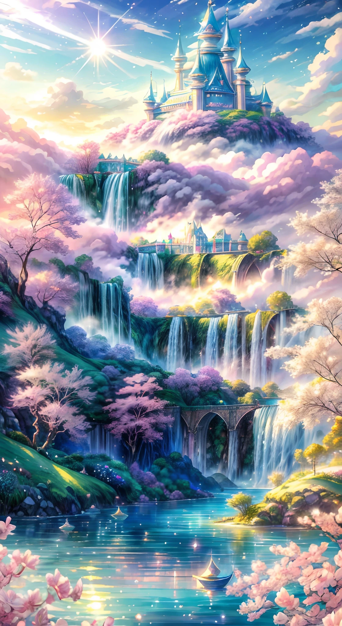 Imagine the enchanting scene of a magnificent kingdom full of romantic dreams. The environment is full of intricate floating islands, Fluffy clouds, A waterfall cascading down from a floating island, Full of prunes, surreal atmosphere. The atmosphere is full of wonder and tranquility. (((This artwork is a very realistic and very detailed illustration.))) The image contains many shades of pink and other vibrant gemstone hues. This scene will be depicted in anime-style illustrations, soft line, Pastel colors, And whimsical touch. All the buildings are very detailed and elegant. The artwork will capture the ethereal beauty and serenity of the Kingdom of Dreams, Create a sense of harmony，Escape from the mundane world. Blue-green water included, Colorful watercolor sky, Luminescent elements, And many small fantasy details，Includes rainbow colors, Professionally crafted majestic landscape, and shimmer and shimmer. And most importantly, This should look like a fantasy artwork.