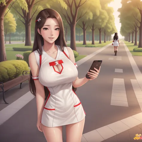 girl,mercy,long brown hair,he tall,sexy,super big breast,(p cup),age 17,standing in park,full body, mercy nurse and wings outfit...