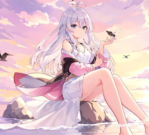 Anime girl sitting on a rock in the ocean，A bird flies overhead, 4k anime wallpapers, Anime style 4k, Beautiful anime girl, Anim...