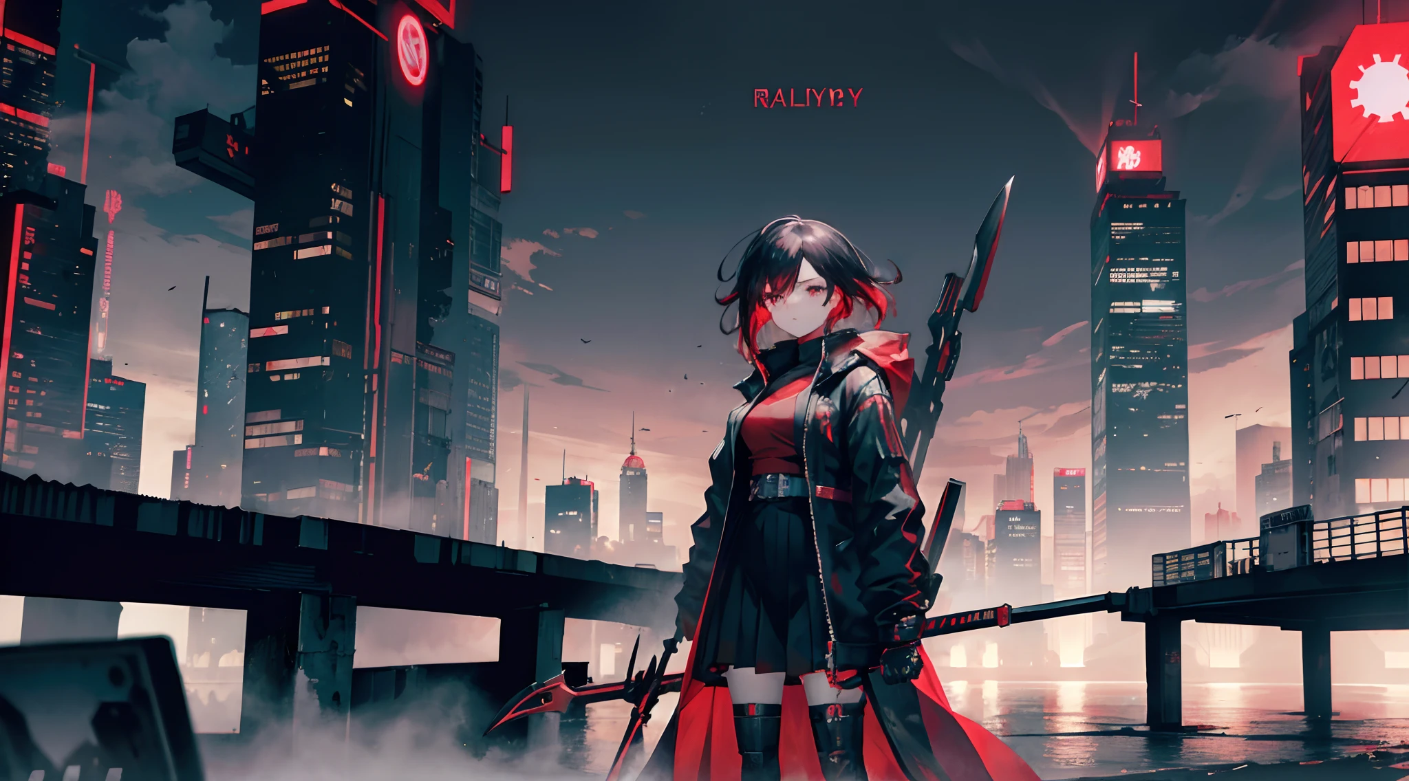 Ruby, holding a scythe, looking at viewer, cyberpunk city, apocalyptic, night, black and red flying machine, retrowave, skyscrapers, red mist, raining, absurdres, high res, ultrasharp, 8k, masterpiece