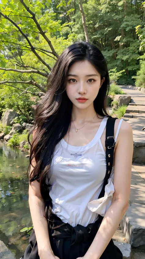 Close-up of a woman with long hair standing by the river, Gorgeous young Korean woman, she is wearing a black tank top, ulzzangs, beautiful Korean women, xintong chen, gorgeous chinese models, Beautiful young Korean woman, Asian girl with long hair, full-b...