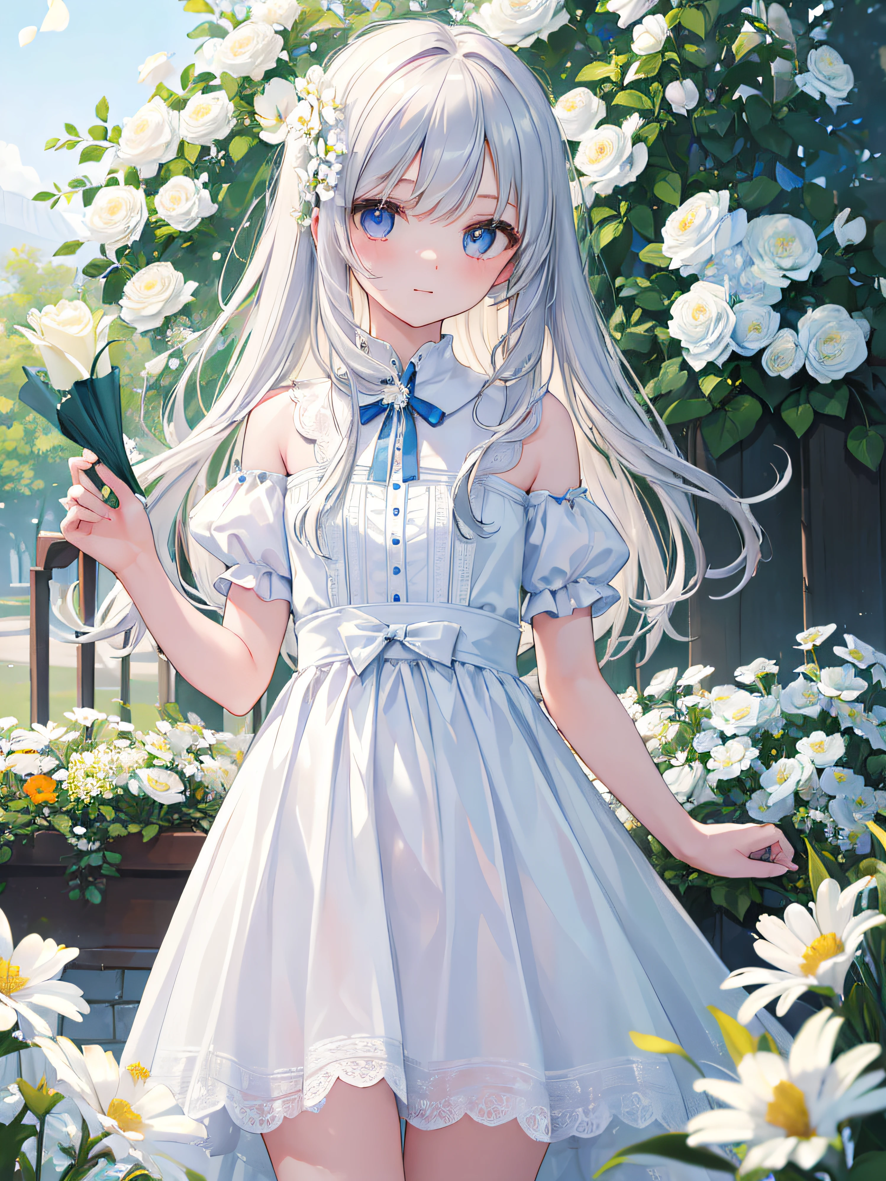 (masterpiece, best quality:1.6), white lace dress, cowboy shot, thighs, beautiful girl, (flowers, many small white petals:1.3), garden, blue sky, looking at viewer, small waist, official art, raw photo, incredibly absurdres, facelight, dynamic lighting, cinematic lighting, ultra realistic, highres, photography, sharp focus, highest detailed, extreme detailed, ultra detailed, finely detail, extremely detailed eyes and face