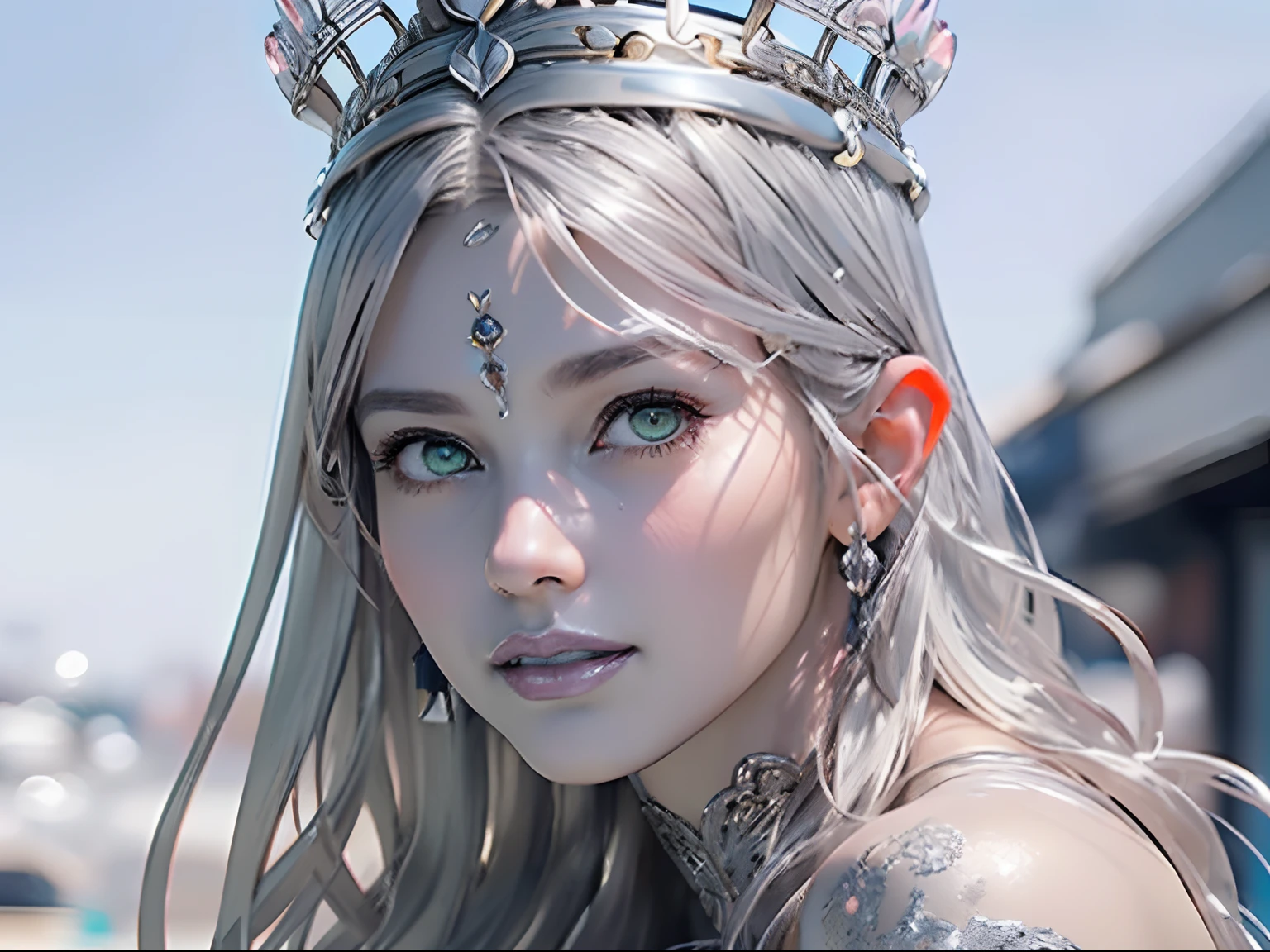 Ultra-detailed complex 3D rendering of the face, (masterpiece, top quality, octane rendering,), glamour shots full body image, very beautiful young elves, cleavage, (highly detailed skin: 1.2), (exposure: 1.1), ((blue micro bikini: 1.95)))). , 8k, (((very soft breasts)), (((conspicuous large pink areola)), beautiful Caucasian woman with white skin with full soft breasts with big buttocks, one, long braided hair, big breasts, dynamic angles, (((huge breasts: 2.4)), ultra-realistic photos, ((((((silver hair)))), futuristic urban background, facial muscles, (((((detailed and glamorous silver crown)))), In the style of Marvel Comics, ArtStation Trends, Clear Focus, Intricate Details, Very Detailed, Detailed Green Eyes, Sharp Focus, Digital Rendering, Professional, Abs, Lip Gloss, Glossy Skin, Sexy Pose, Golden Tattoo All Over Body, Silver Pattern All Over Body, Silver Lame Skin, Gold Glitter Skin, Mansuji, Buttocks, Jeweled All Over the Body, with silver scales, silver hair,