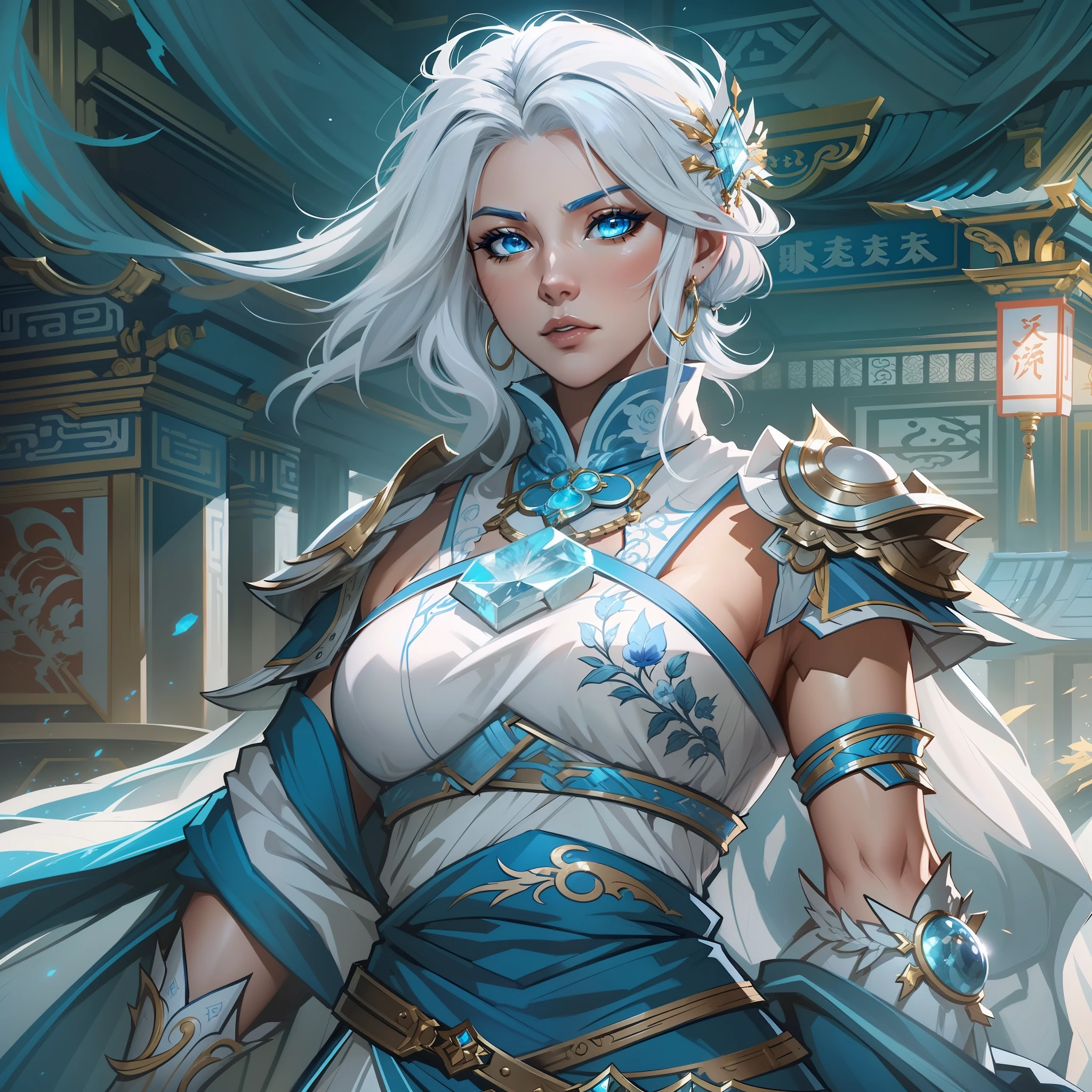 30代の力強いアマゾン女性のクローズアップ, 青い目と白い髪で, 青と白の重ね着フープスカートドレスを着て, レイヤードスカート, 青い目をしたヒロイン, 氷の力を持つ女性の剣士, お姫様, 中国寺院に立つ, 新しい衣装コンセプトデザイン, ブレイドアンドソウル風, 全身キャラクターコンセプト, 詳細なキャラクターデザイン, 月をテーマにした衣装, 青いアクセントの付いた衣装, カラーコンセプトアート, highly 詳細なキャラクターデザイン, 非常に詳細な顔, very 非常に詳細な顔, アンリアルエンジンレンダリング, ファイナルファンタジー14スタイル