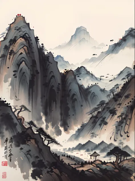 Chinese landscape ink painting，Majestic，Mountains，Created in a refined ink painting style，Has complex strokes。The strokes are powerful，The best of classical Chinese art。Black and white artistic conception，Artistic landscape，Rice paper mechanism，archaize，Co...