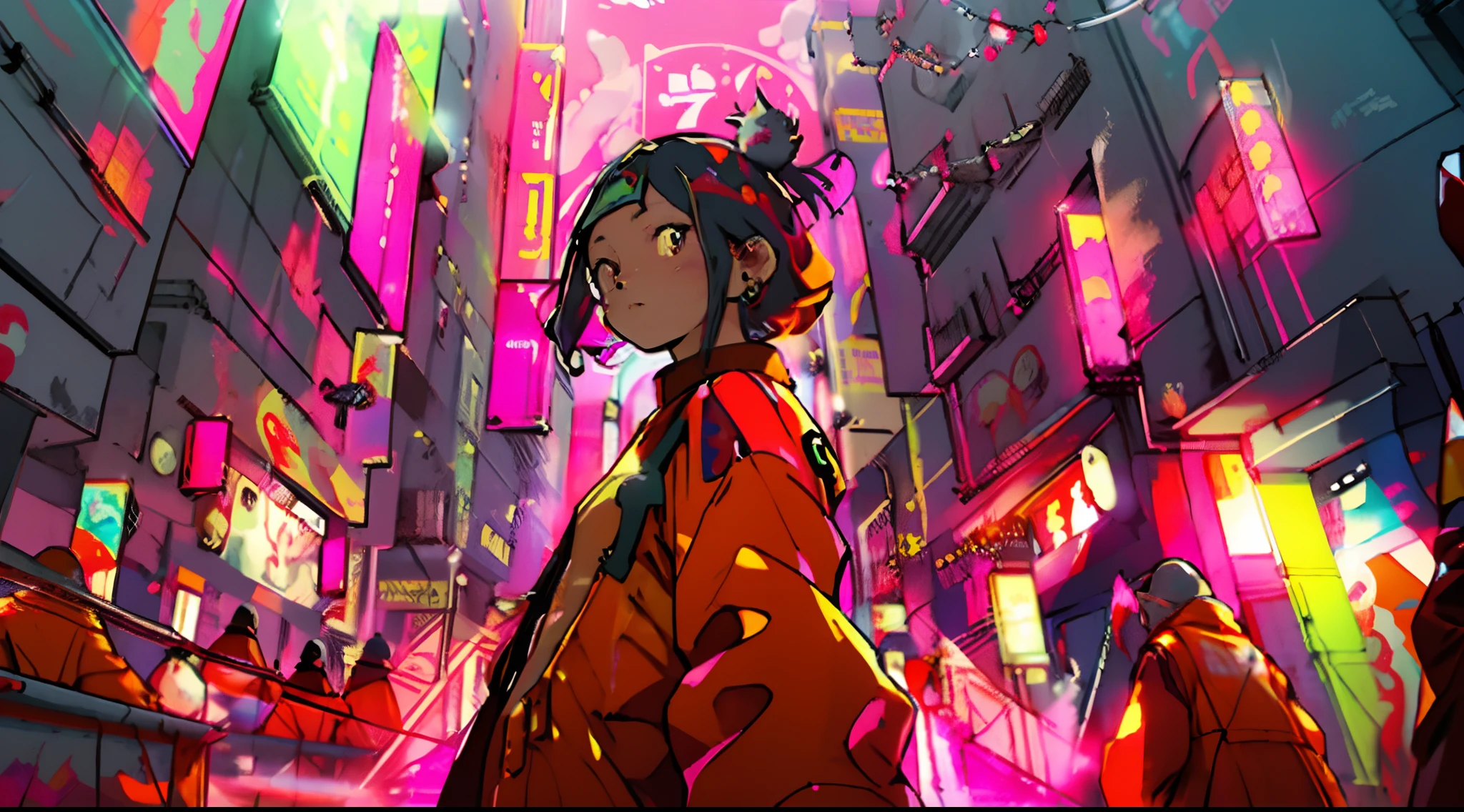 ((masterpiece)) best quality, ((( 1 tibetan monk floating in meditation )))) (((crowded city sidewalk))) people crossing the street, busy nightlife, ((young hip party crowd)), animated film screencap. neon colors, detailed faces, fashionable clothes, synthwave palette, ultradetail, complex background, city pop, night, neon light, vector illustration,