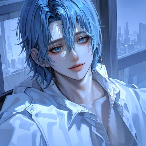 (absurdres, highres, ultra detailed),(Masterpiece, best quality:1.2),1boy,spiky messy hair,blue hair,deep blue eyes, extremely detailed eyes, close up shot, Portrait, smiling, absolutely stunning art