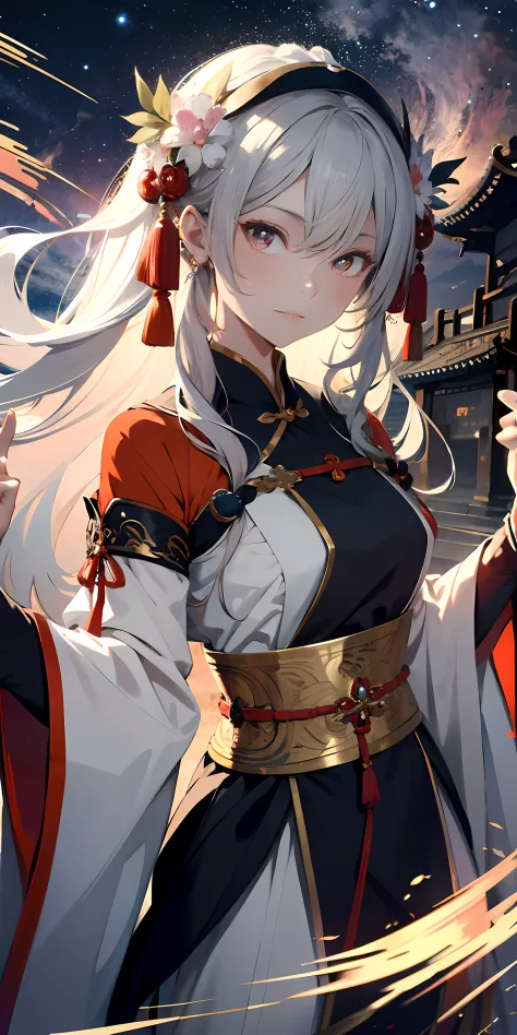 Ridiculous resolution, A high resolution, (Masterpiece:1.4), ultra - detailed, 1boy , whaite hair，long whitr hair，Chinese big breasts，Hanfu，longer sleeves，Faraway view，looking from above, the space, afloat，Chinese red --v 6