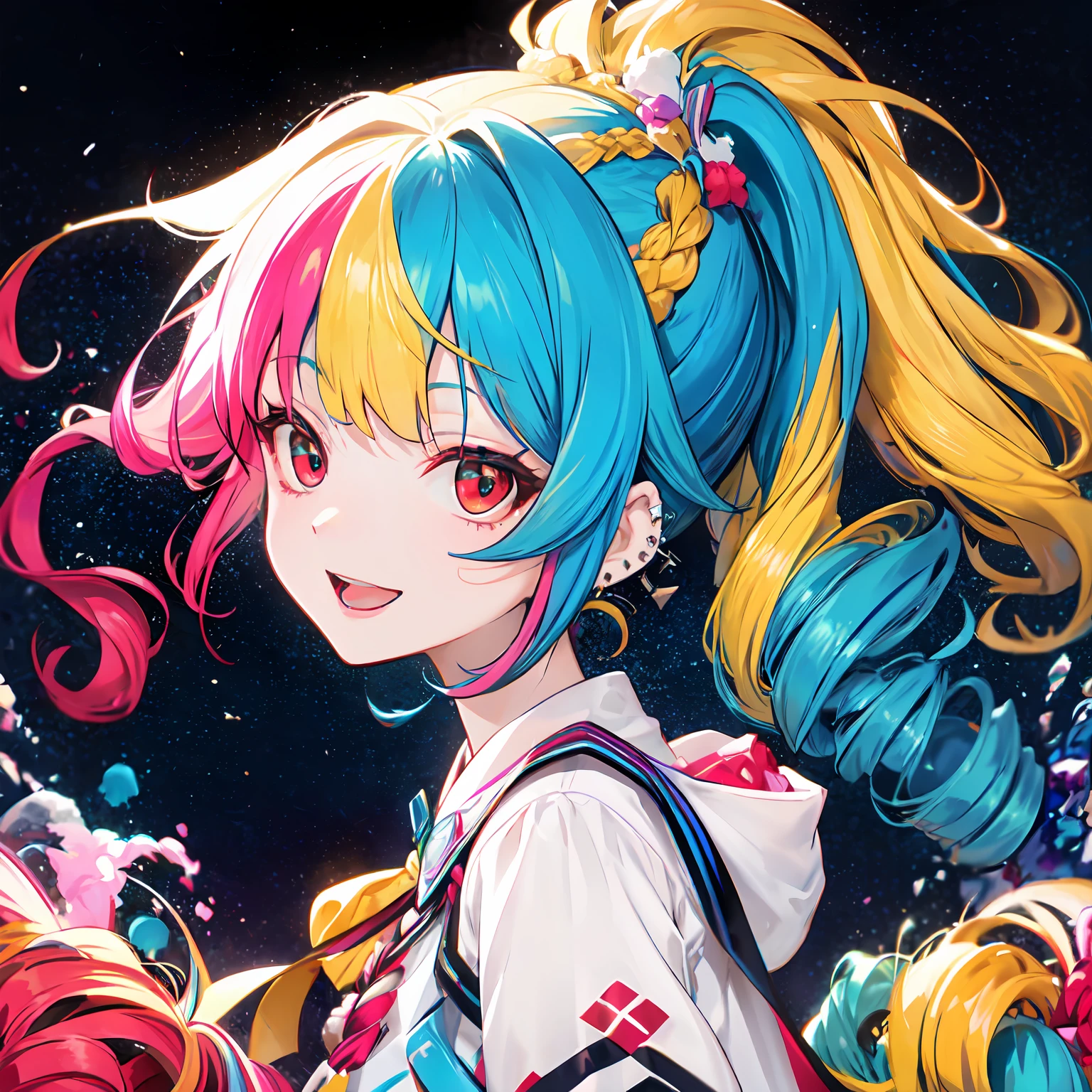from side,solo,(ponytail:1.2),drill hair,two side up,afro,dreadlocks,hime cut,twintails,braid,(hair bun:0.7),(wavy multicolor hair:1.2),(smokeanywhere:1.4),smile,open mouth,piercing