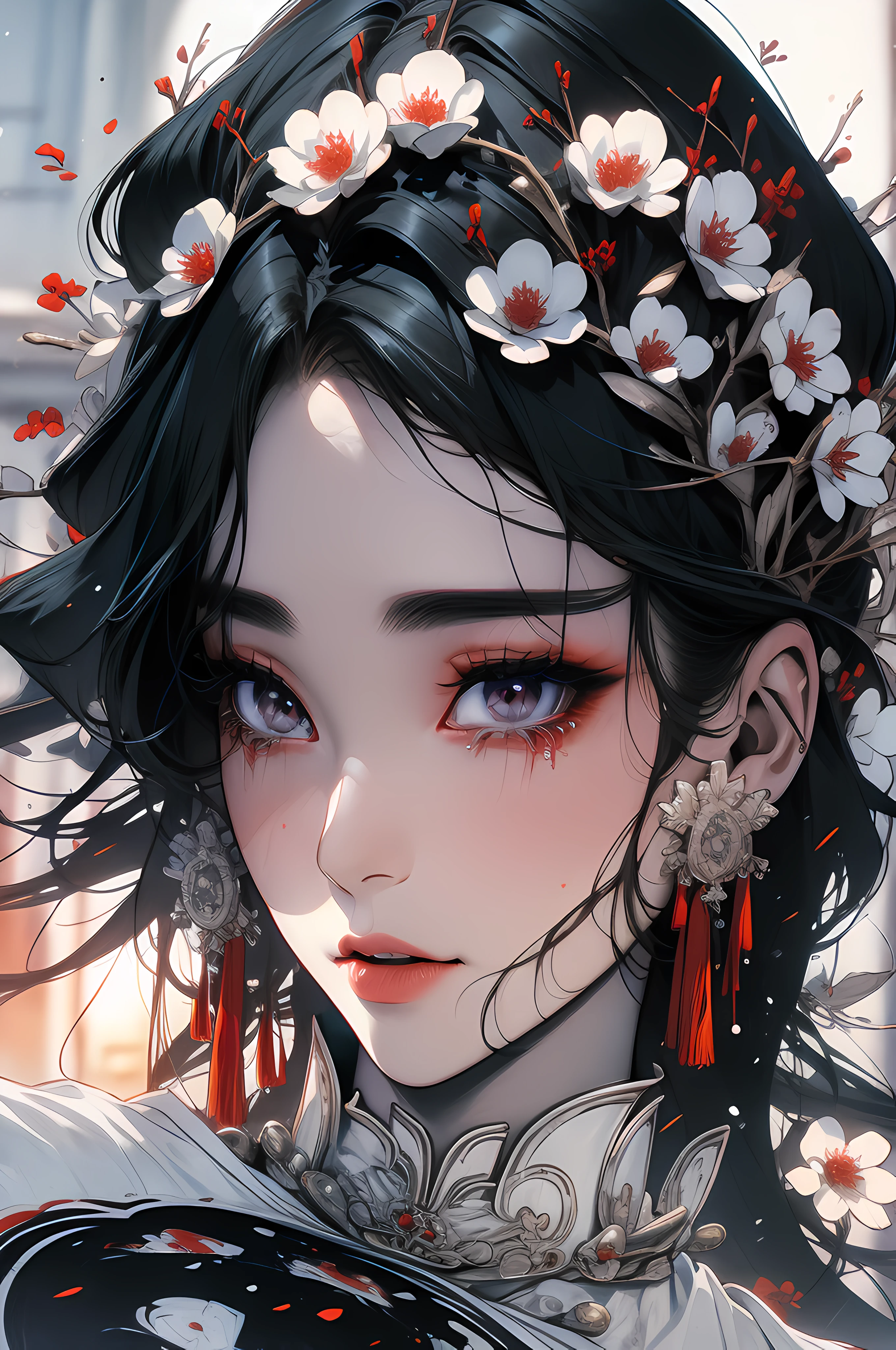 Black-haired god, white mask woman, red wedding dress, crying, close-up figure painting, gorgeous Guwiz style art, breathtaking epic character painting, Fan Qi, Yang J, Wu Zhun Shifan, etc., wonderful artistic journey on Guwiz Pixiv.