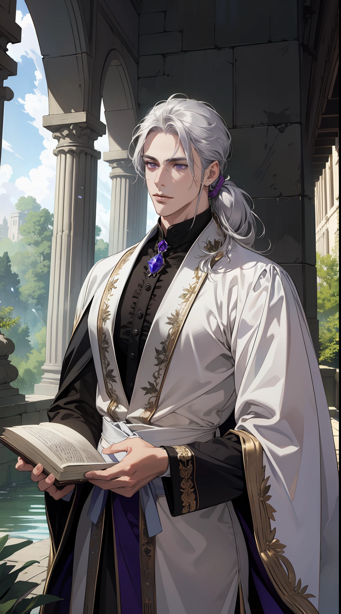 (absurdres, highres, ultra detailed)masterpiece, best quality, 1 male, adult, handsome, tall muscular guy, broad shoulders, finely detailed eyes, low ponytail silver hair, purple eyes, white robe, forest, trees full of greenery, fluttering leaves, pond, natural light and shadow, ancient marble building, There are shiny particles flying around the man, fantastic, fairy tale, mysterious, shining sparkle, (dutch angle), closed mouth, his hands are holding a book, dynamic light and shadow