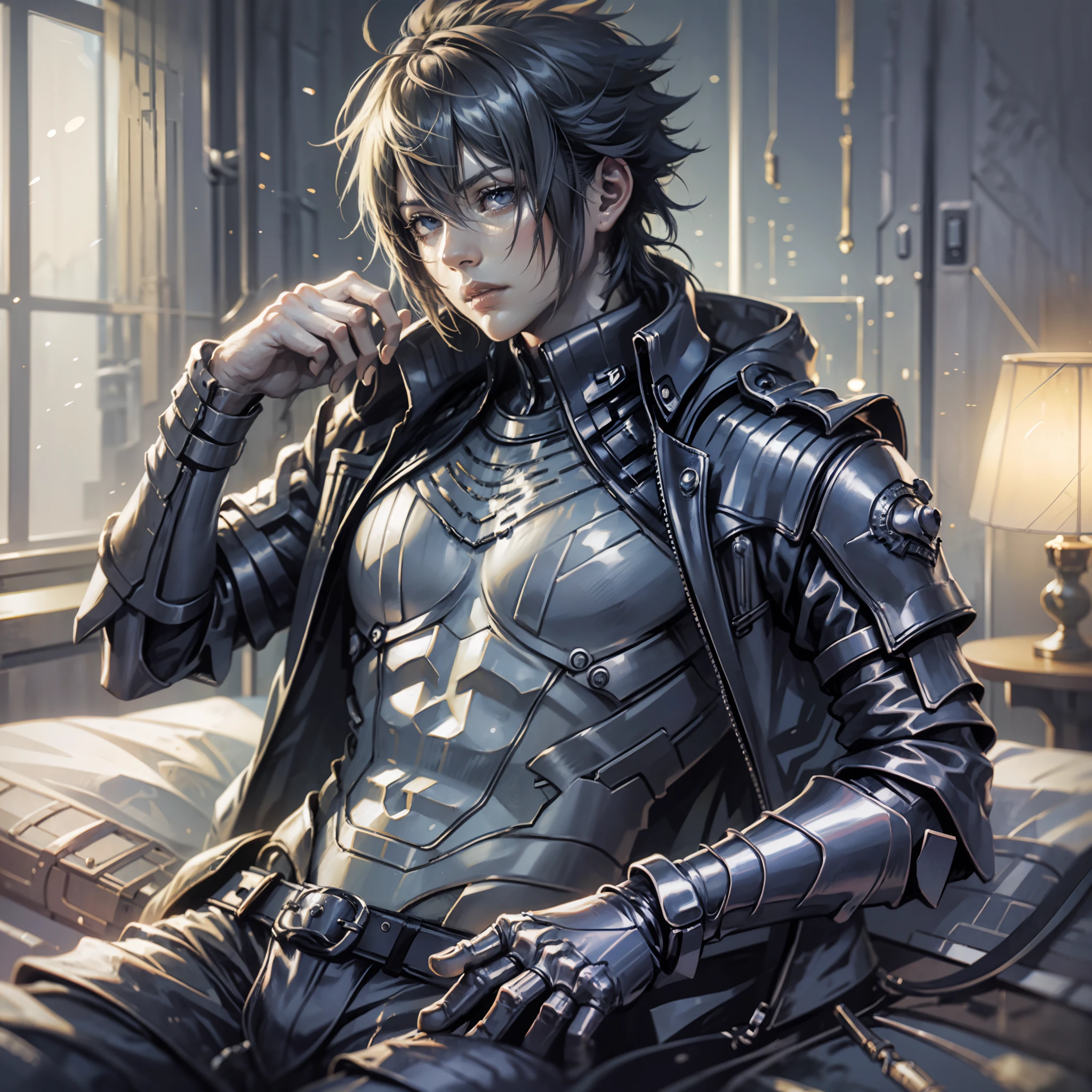 Final Fantasy, Noctis, abs, sexy, badass pose,  Chico de anime en una cama con las manos en la cabeza, Hermosa pose de anime, Anime hombre guapo, Personaje masculino de anime, Badass Anime 8K, Arte detallado del personaje de anime, Concepto de anime HDR Anime MacManus, Chico anime, Ikuto Yamashita, Anime CG arte suave, Fondo de pantalla de manga 4 k, inspirado por Yamagata Hiro, Wallaper de anime