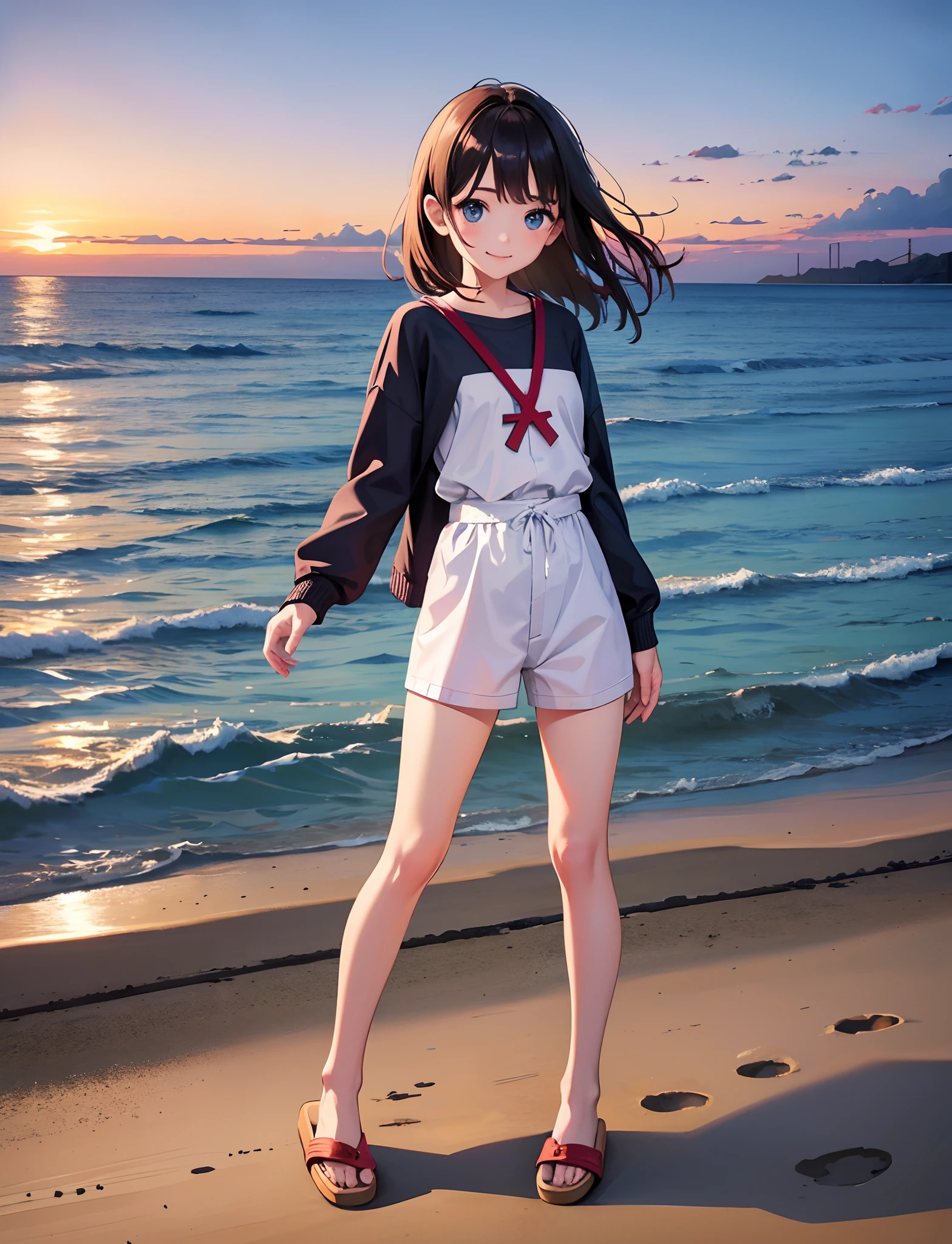 A happy little girl，Dressed in casual attire，Wear slippers，standing on the sea side，The background is the cross-sea bridge，There are ships passing by，Sunset and sunset，Face the camera，Full body photo，Ultra-high definition