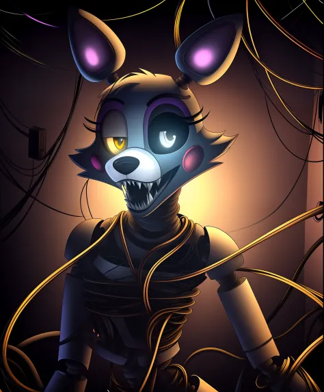 manglefnaf, furry female, robot, (wires, tangled, broken, detached limbs, detached head:1.2), solo, (best quality), (abstract torn background:1.1), dramatic lighting, (horror scene:1.2), looking at viewer, (tail:1.1), teeth, (heterochromia, black sclera, w...