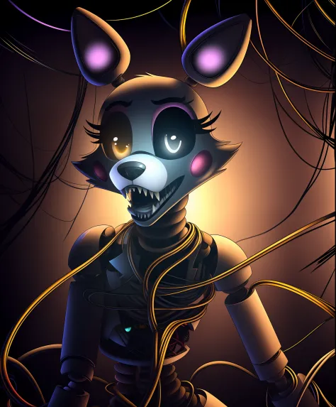 manglefnaf, furry female, robot, (wires, tangled, broken, detached limbs, detached head:1.2), solo, (best quality), (abstract torn background:1.1), dramatic lighting, (horror scene:1.2), looking at viewer, (tail:1.1), teeth, (heterochromia, black sclera, w...