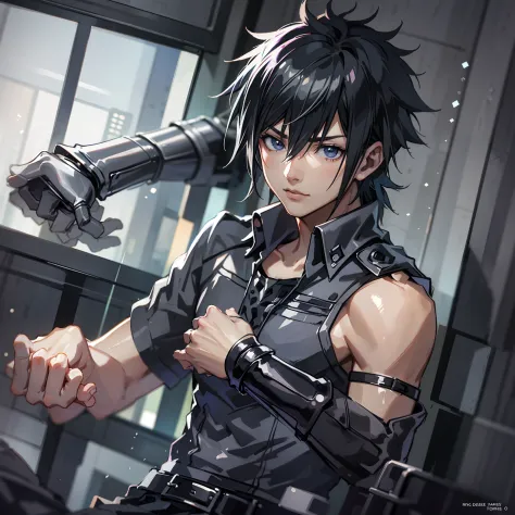 final fantasy, noctis, abs, sexy, badass pose,  chico de anime en una cama con las manos en la cabeza, hermosa pose de anime, an...