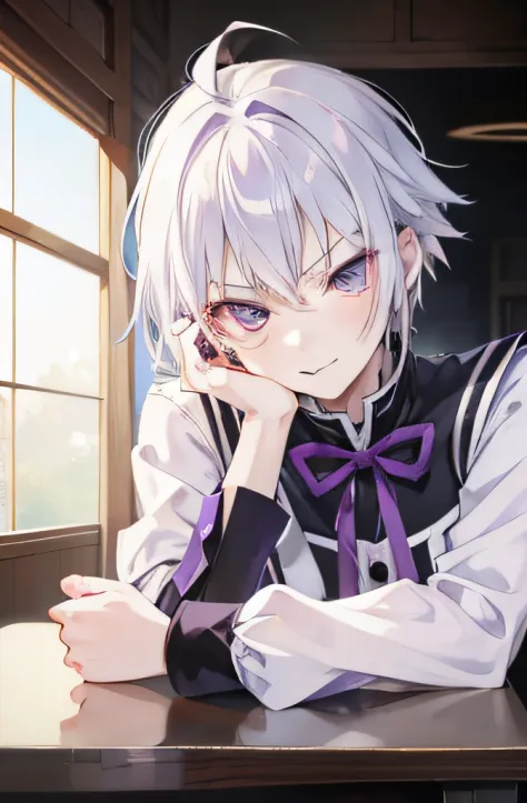 anime boy with white hair and purple eyes leaning on a table, makoto, anime moe artstyle, rin, close up iwakura lain, made with ...