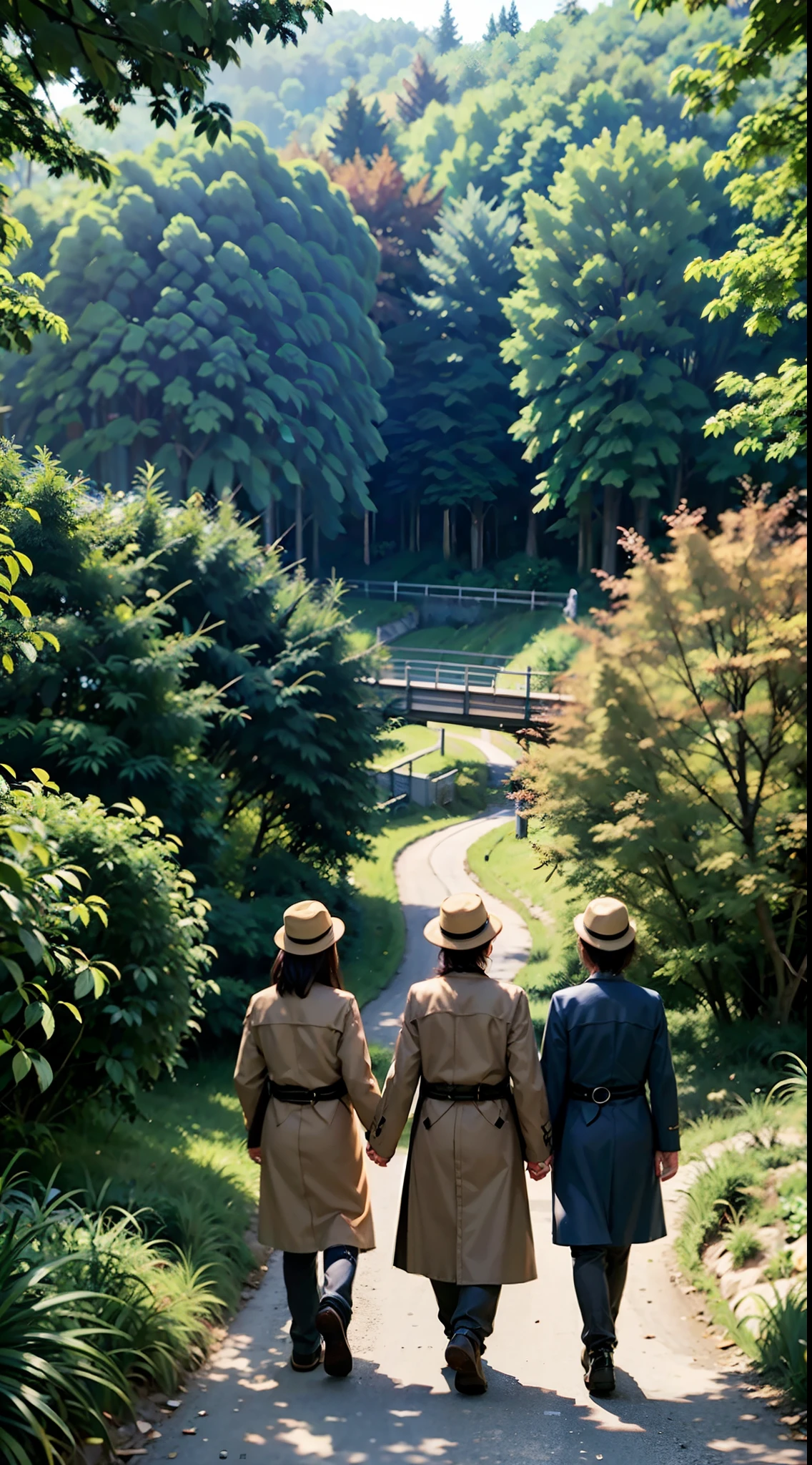 autumnal，Several old people，wearing a trenchcoat，With a hat on，Walk the winding roads of the countryside，Large clouds，blue-sky，ln the forest，Red maple，falling leaf，flying birds，chrysanthemums，hillside，Quiet，Rustic，high definition detail、Hyper-detailing、cinematic ligh、ultra-realistic realism、Soft light、Deep field focus bokeh、Ray tracing and surrealism，from behind，from above