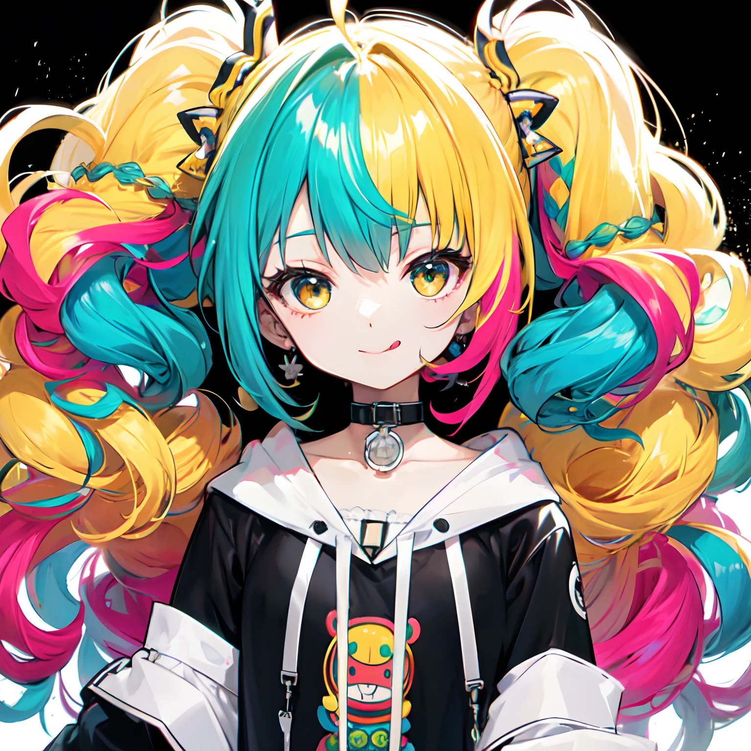 solo,(afro:1.3),drill hair,ponytail,two side up,dreadlocks,hime cut,twintails,braid,(hair bun:0.7),(wavy multicolor hair:1.2),(smokeanywhere:1.4),smile,tongue,piercing