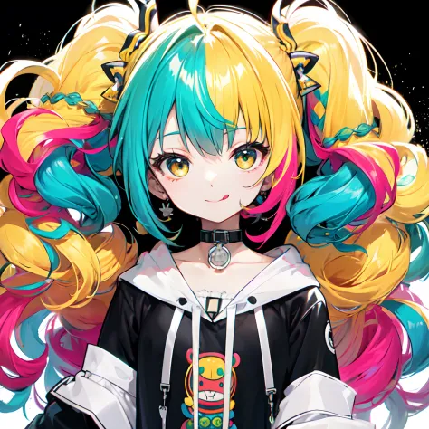 solo,(afro:1.3),drill hair,ponytail,two side up,dreadlocks,hime cut,twintails,braid,(hair bun:0.7),(wavy multicolor hair:1.2),(s...