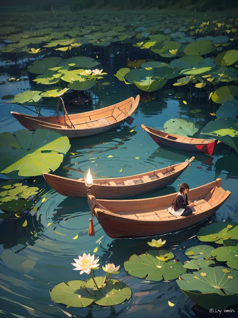 There was a small boat on a lake full of green lotus flowers, and on the boat lay a woman --auto --s2