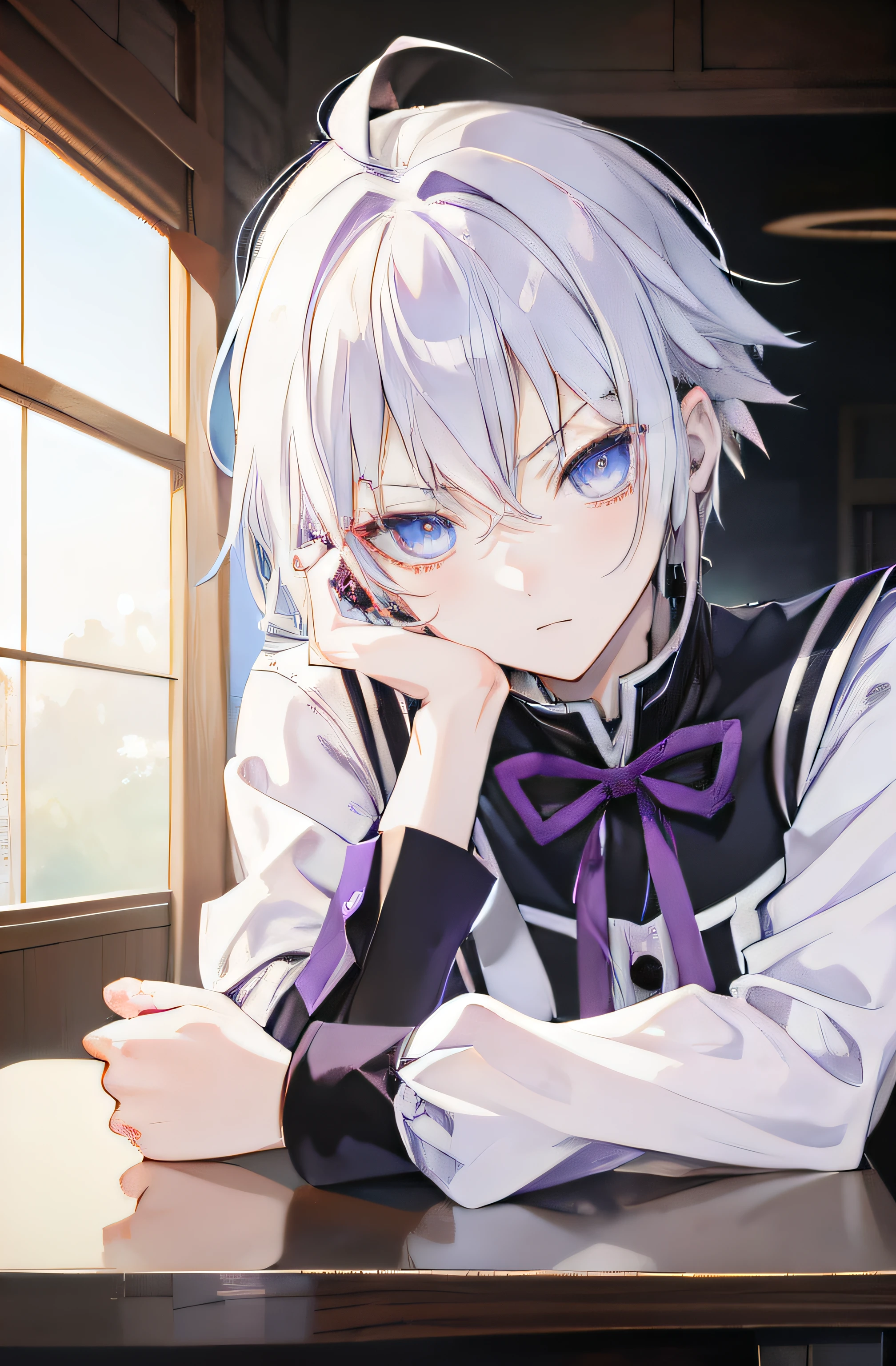 anime character sitting at a table with his chin resting on his hand, best anime 4k konachan wallpaper, hajime yatate, key anime art, portrait gapmoe yandere grimdark, anime moe artstyle, key anime visuals, anime boy, young anime man, killua zoldyck portrait, anime wallpaper 4k, anime wallpaper 4 k