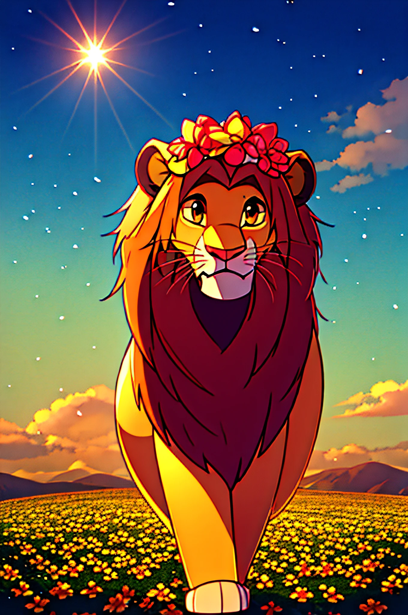 tlkle lion, le lion, rose, Champ de fleurs, beaucoup de fleurs, couronne de fleurs , UHD, Éclairage cinématographique, fleur sur la tête, floraison, 16k, Super détail, majestueux, tout le corps, paysage, sur 4 pattes, je regarde le soleil