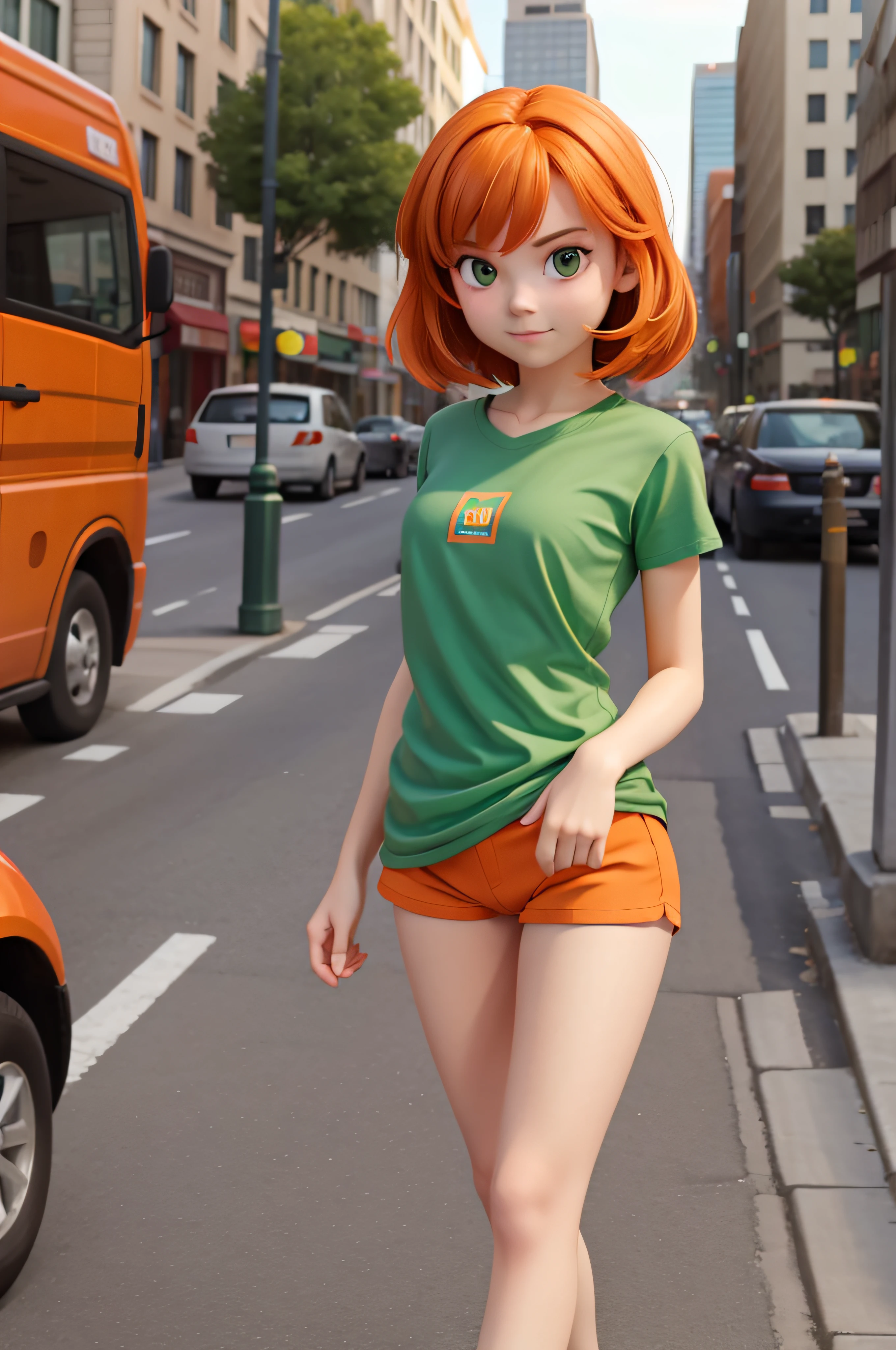 1 girl, 18 years old, orange hair, green short shirt, no pants, city
