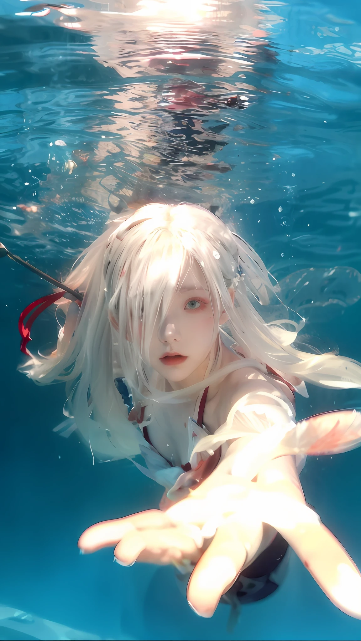 Blonde woman wearing white swimsuit，Holding a red umbrella, white hair floating in air, Tifa Lockhart with white hair, Flowing white hair, Guviz-style artwork, Guviz, underwater photo, Anime style mixed with Fujifilm, Anime girl cosplay, Under water, underwater shot, ciri, floathing underwater in a lake, underwater looking up, Underwater