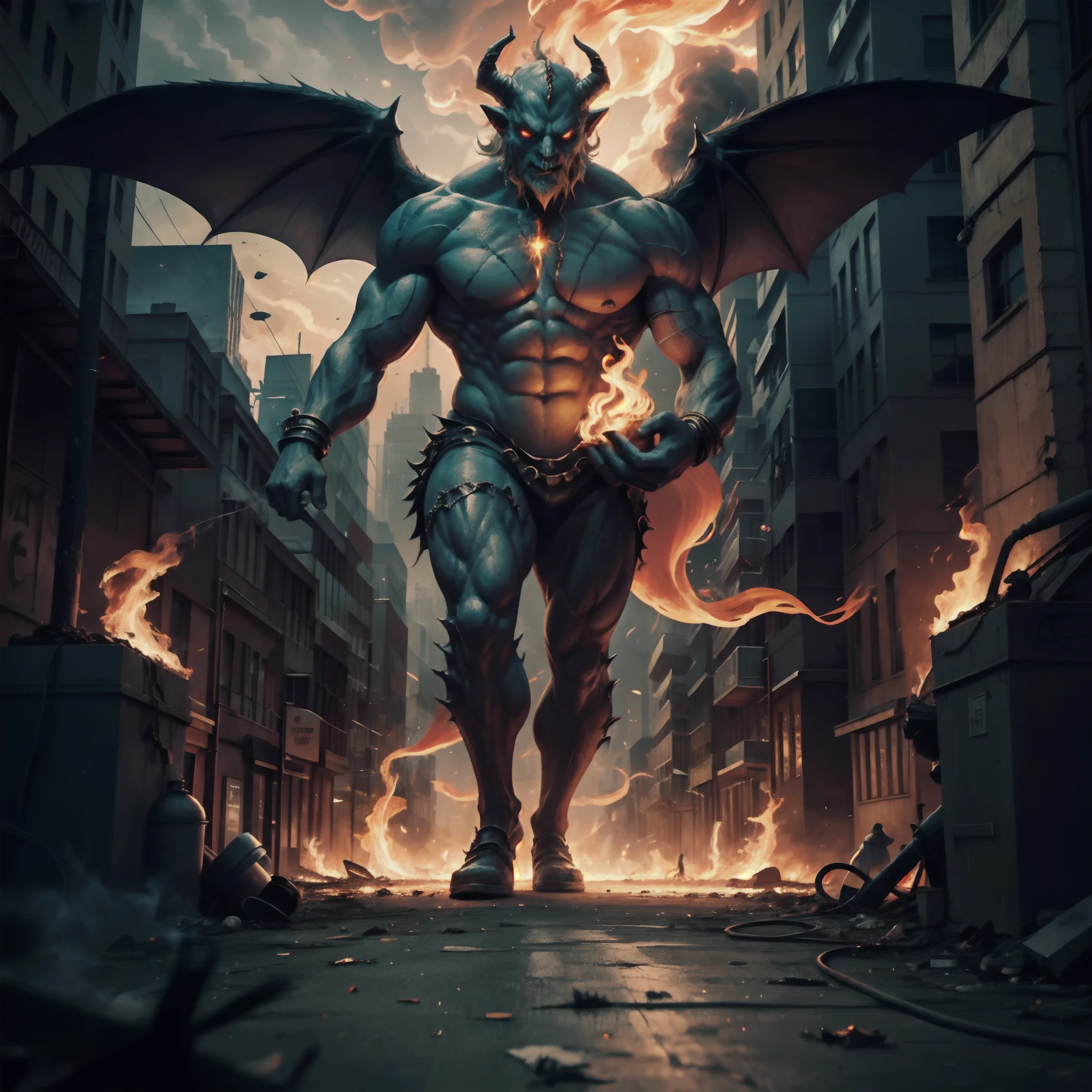 breathtaking, from the point of view of a  holding their mother's hand, city street, a gigantic and terrifying demonic deity made from smoke and fire and pollutiob, ground level, digital art
