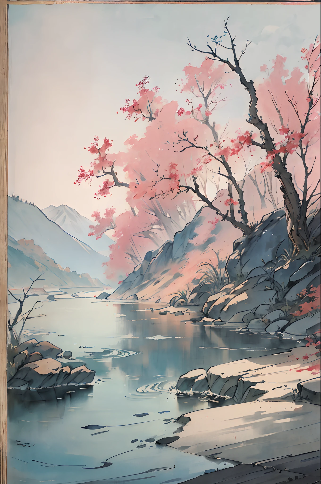 （tmasterpiece，best qualtiy：1.2），Tradition Chinese Ink Painting，mont，near a river，